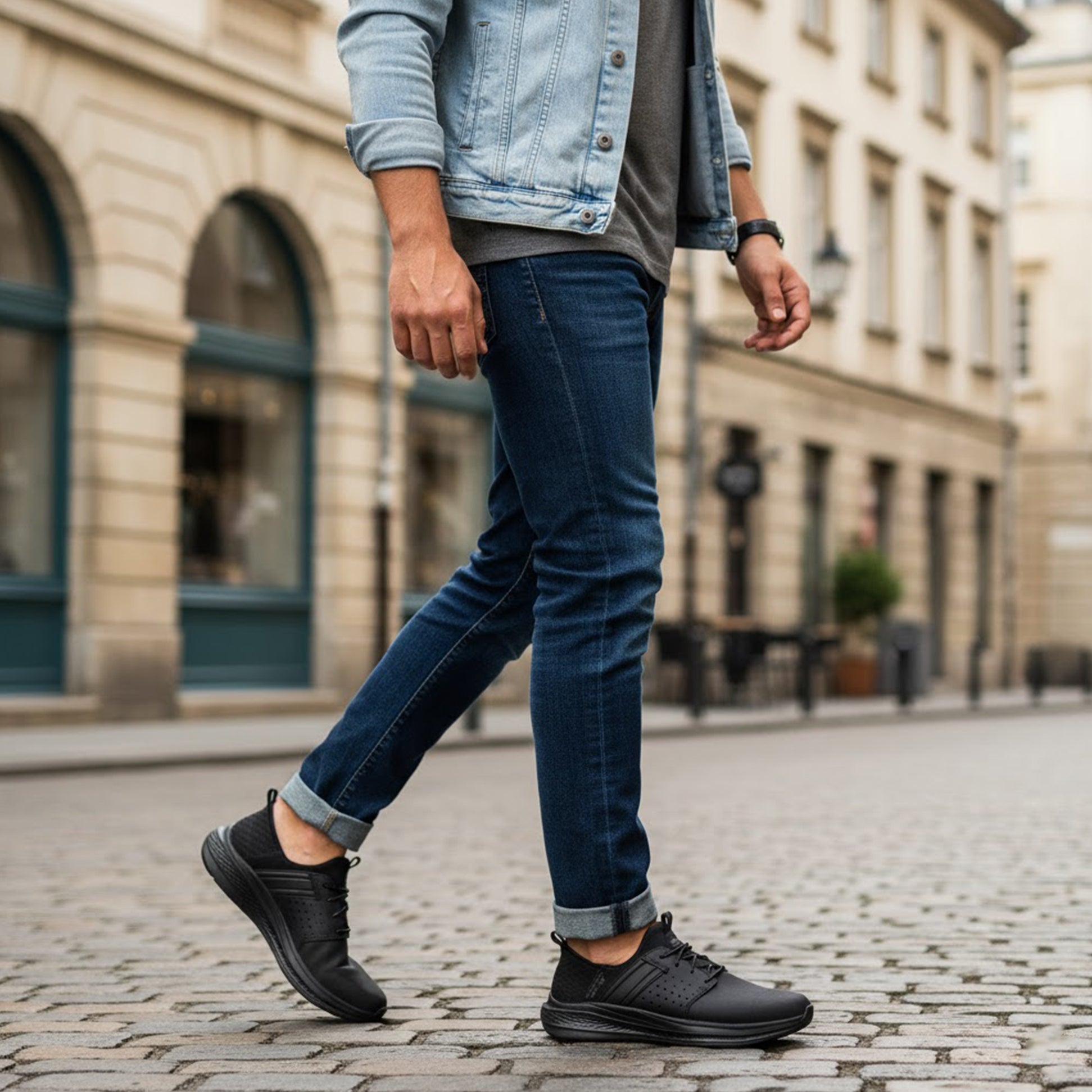 Skechers 210828/BBK SLADE - ZACHARY Mens Trainers Black side view worn with jeans on a street.