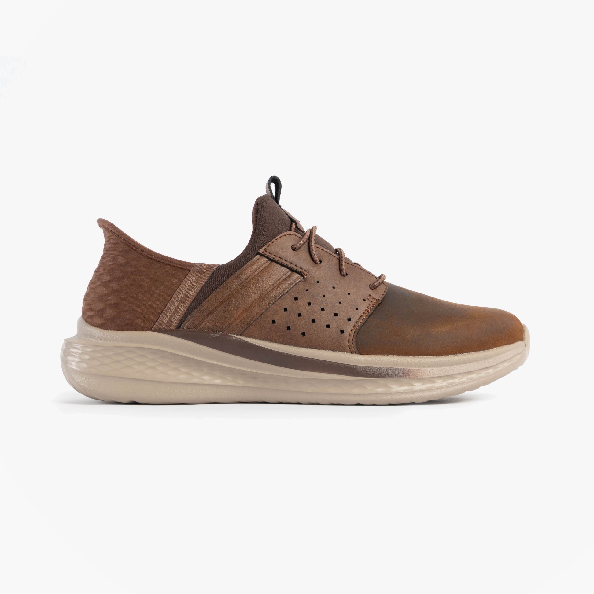 Skechers 210828/CDB SLADE - ZACHARY Mens Trainers Dark Brown side view showcasing casual design and lace-up closure.