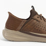 Skechers 210828/CDB SLADE - ZACHARY Mens Trainers Dark Brown side view showcasing leather and textile materials.