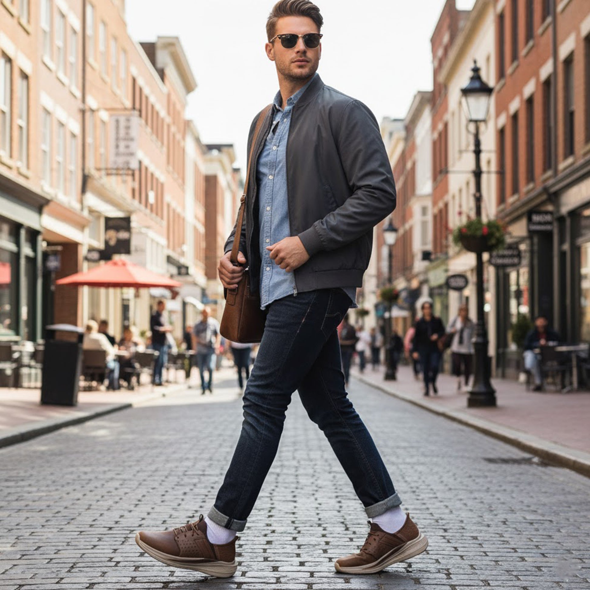 Skechers 210828/CDB SLADE - ZACHARY Mens Trainers Dark Brown worn casually in a city street scene, side view.