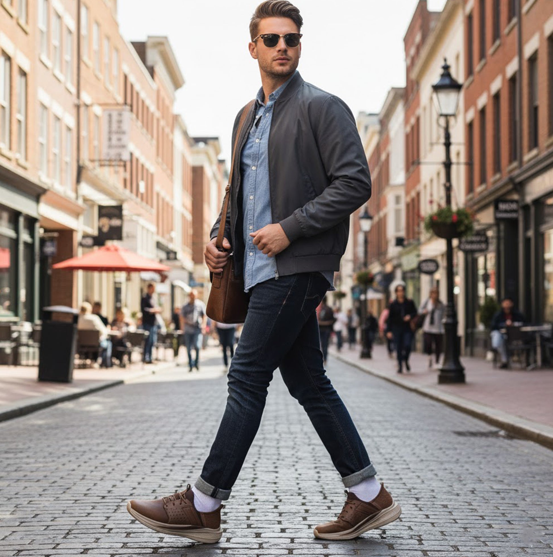 Skechers 210828/CDB SLADE - ZACHARY Mens Trainers Dark Brown worn casually in a city street scene, side view.