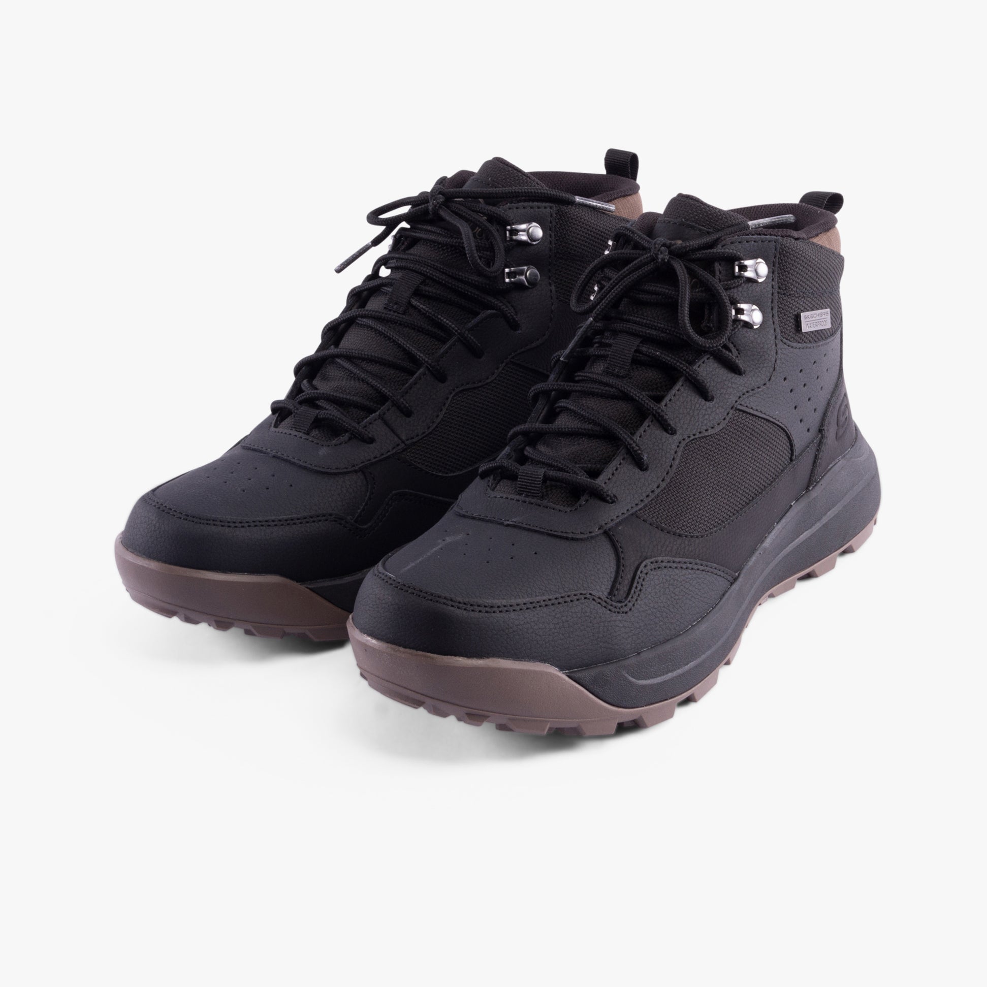 Skechers 210932/BLK CAMBERT - HARLAN Mens Boots Black front view showcasing black synthetic ankle boots with lace-up closure.