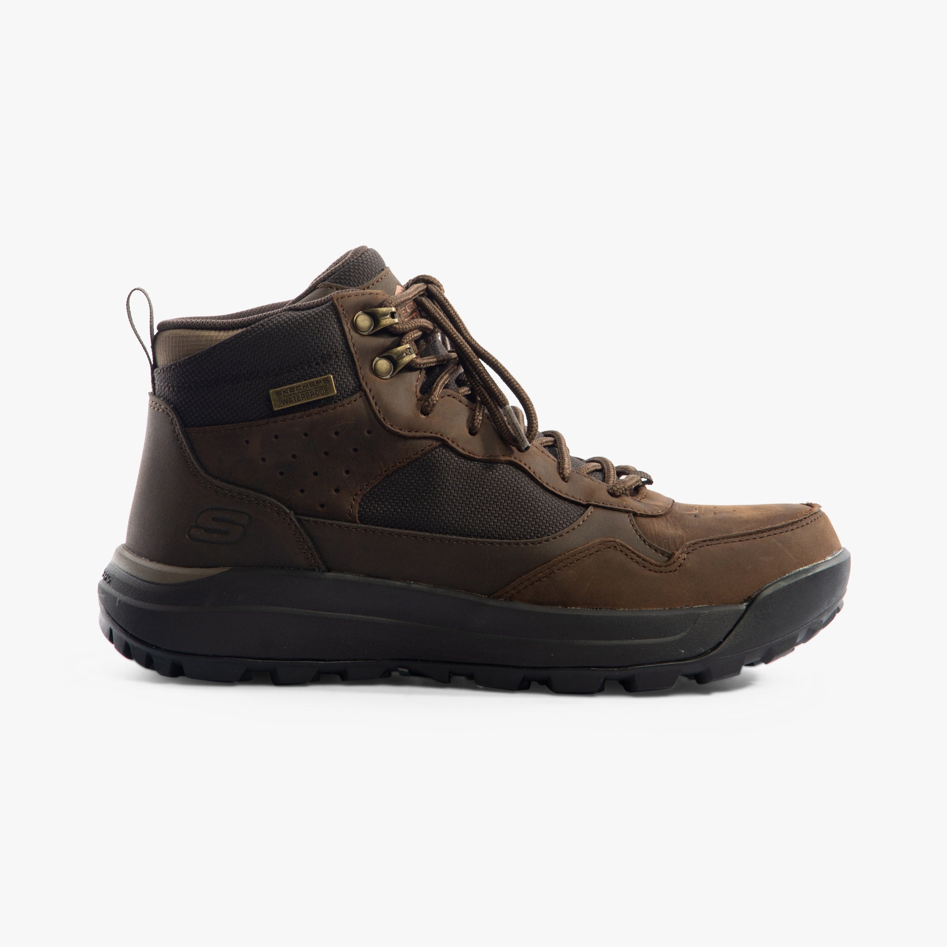 Skechers 210932/COC CAMBERT - HARLAN Mens Boots Cocoa side view showcasing lace-up design and synthetic upper.