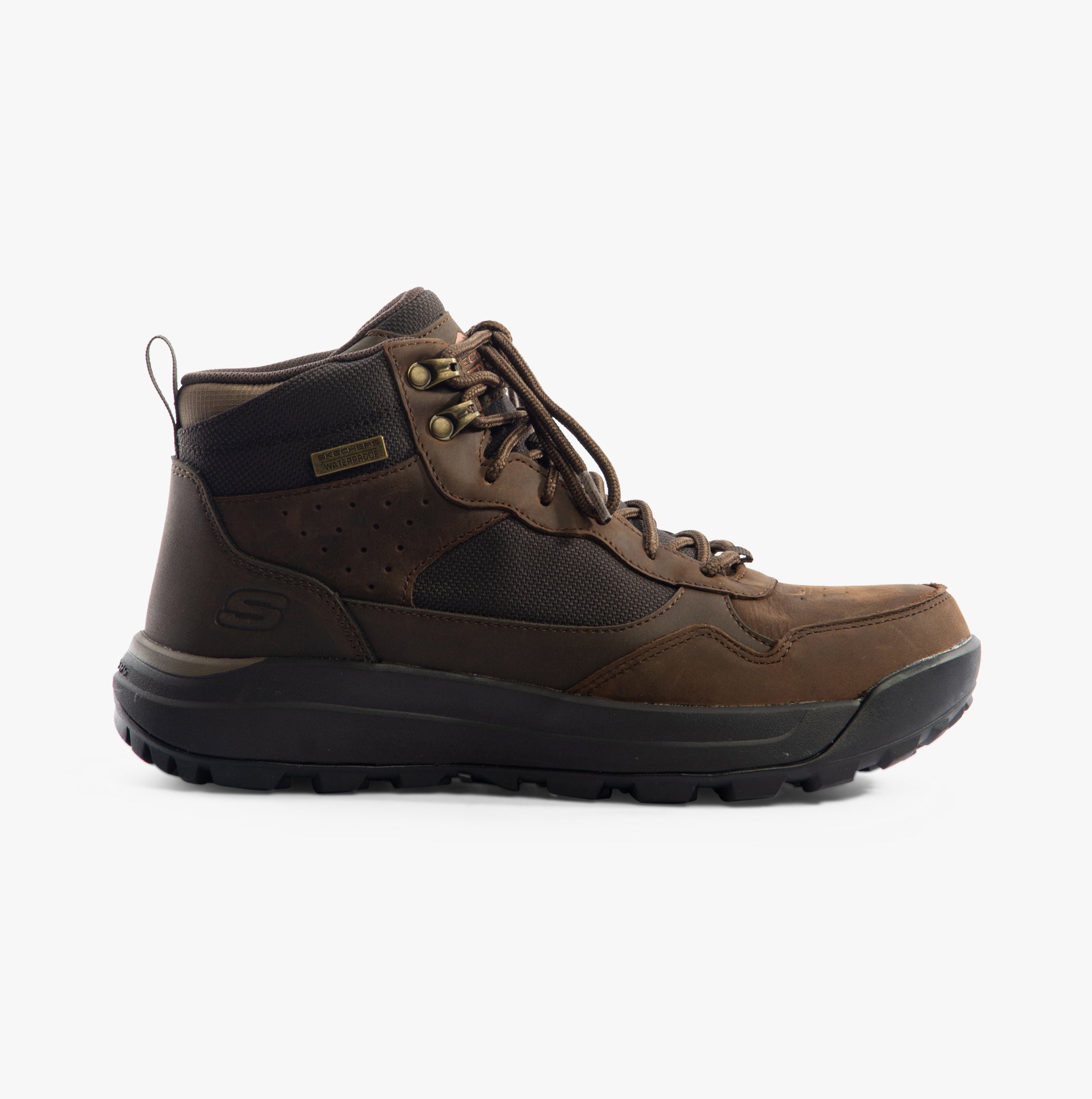 Skechers 210932/COC CAMBERT - HARLAN Mens Boots Cocoa side view showcasing lace-up design and synthetic upper.