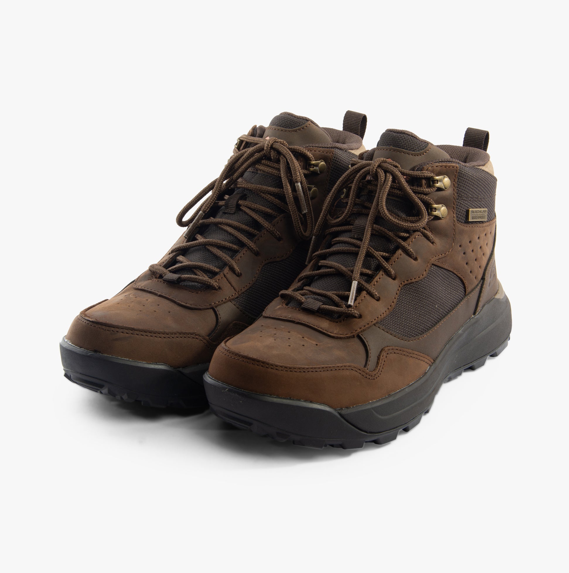 Skechers 210932/COC CAMBERT - HARLAN Mens Boots Cocoa side view showcasing the synthetic upper, lace-up closure, and round toe.