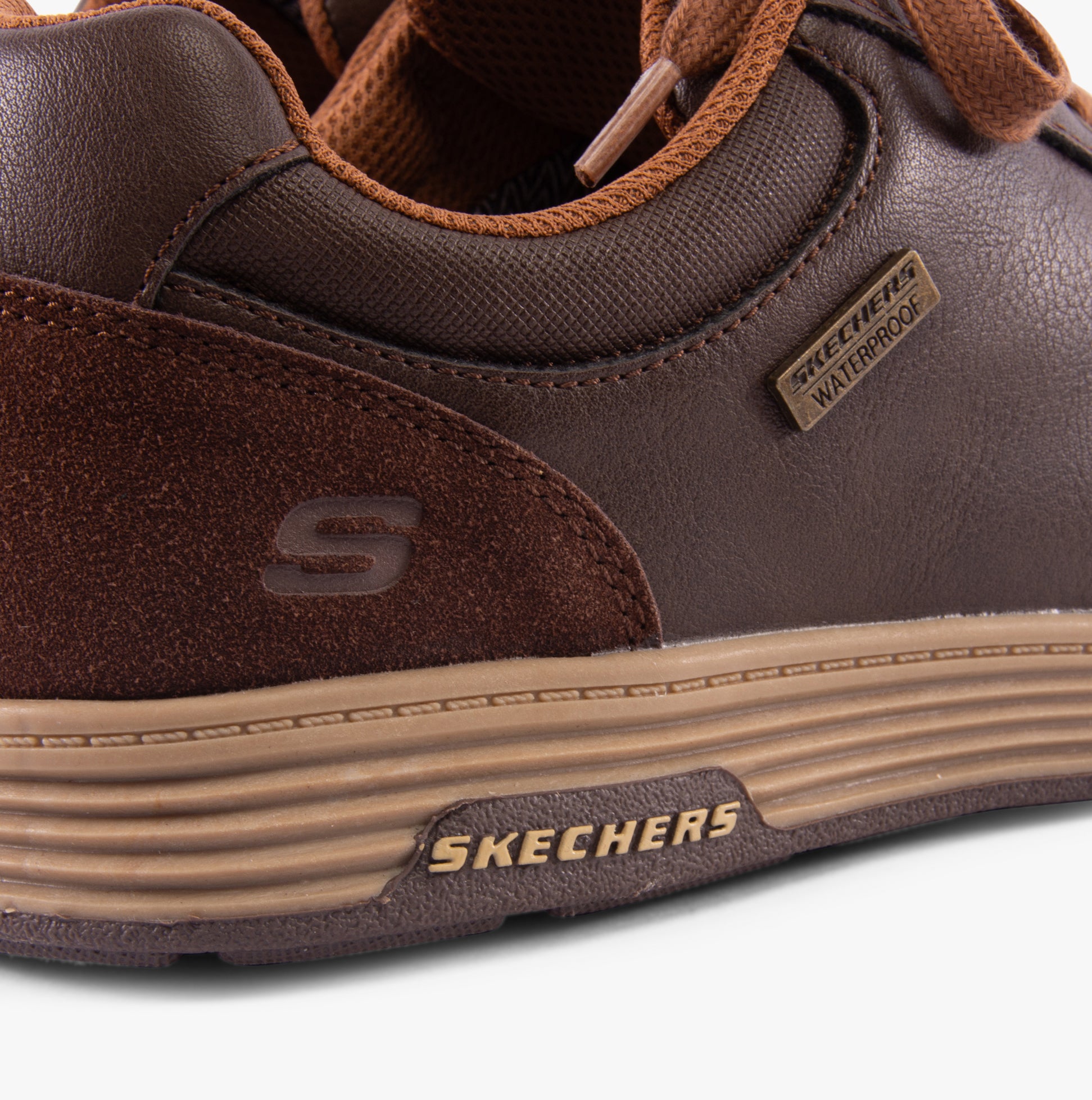 Skechers 210944/CHOC CAVELL - SPARKMAN Mens Trainers Chocolate detail view highlighting waterproof feature and branding.