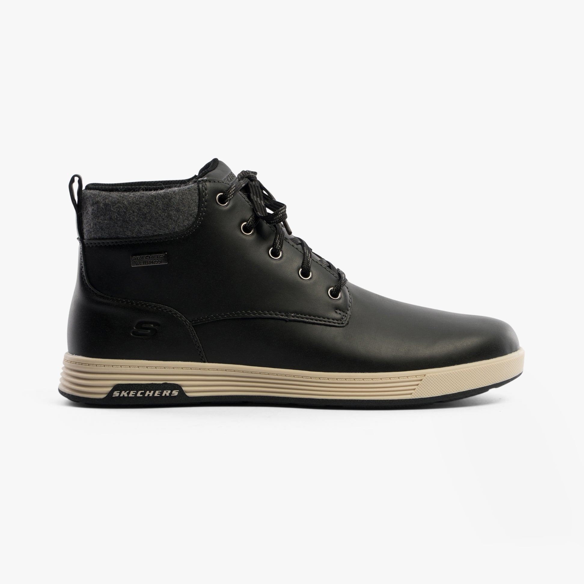 Skechers 210945/BLK CAVELL - ISAAC Mens Boots Black side view showcasing sleek synthetic upper and rubber sole.