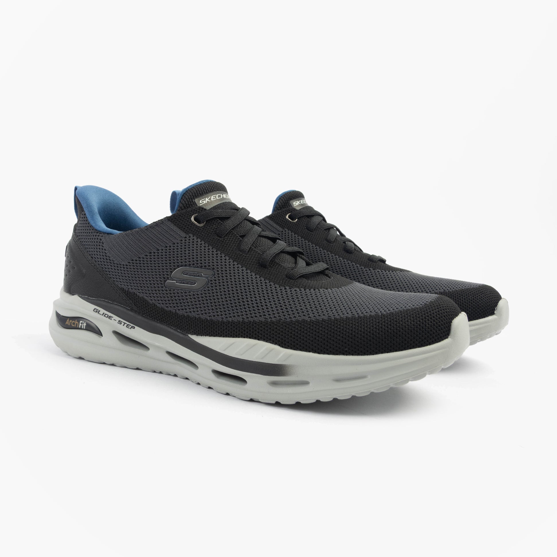 Skechers 210994/BLK ARCH FIT ORVAN - KINCADE Mens Trainers Black side view with lace-up closure and relaxed fit.