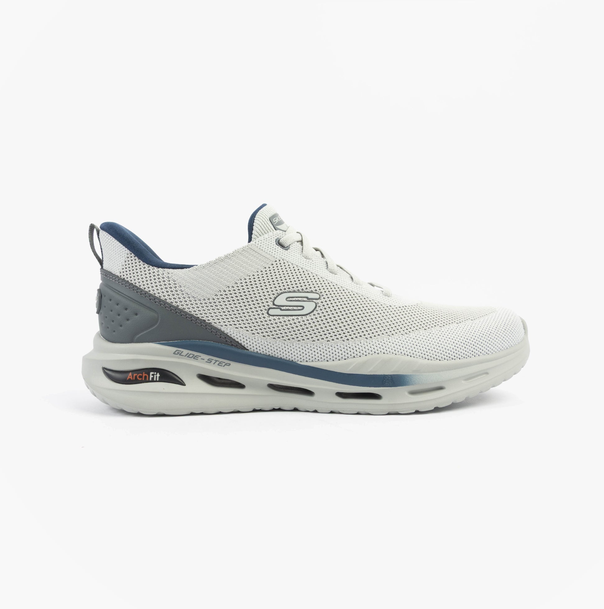 Skechers 210994/LTGY ARCH FIT ORVAN - KINCADE Mens Trainers Light Grey side view showing synthetic leather upper and comfort features.
