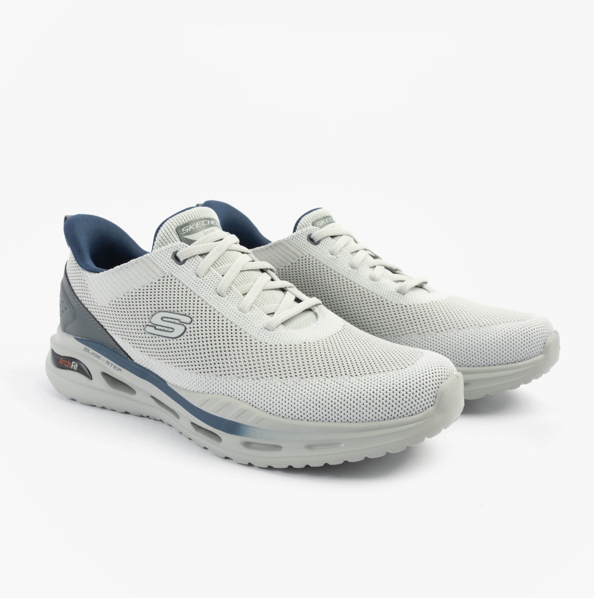 Skechers 210994/LTGY ARCH FIT ORVAN - KINCADE Mens Trainers Light Grey side view showcasing synthetic leather upper and lace-up closure.