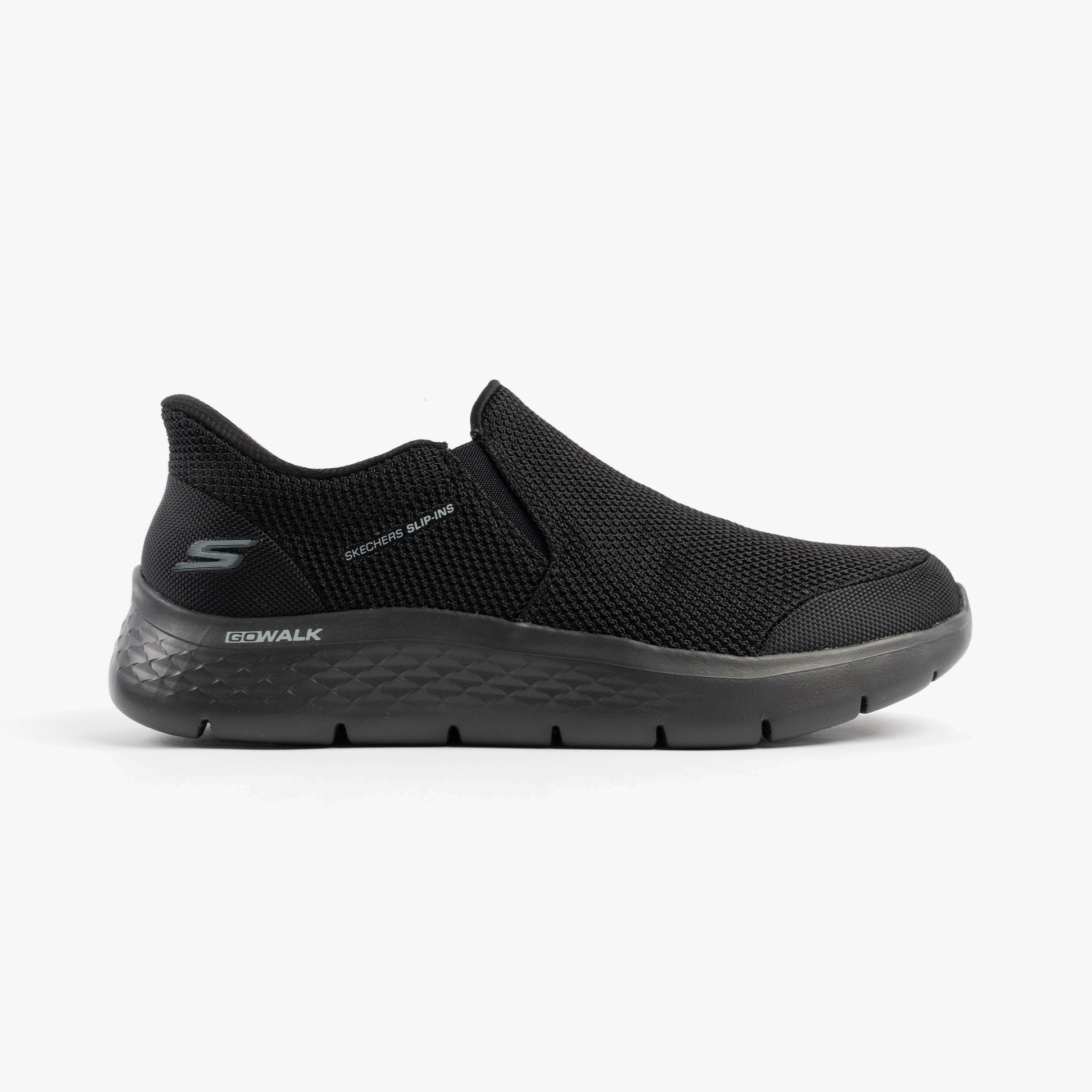 Skechers 216333/BBK GO WALK FLEX - OJAI Mens Trainers Black side view showing mesh upper and slip-on design.