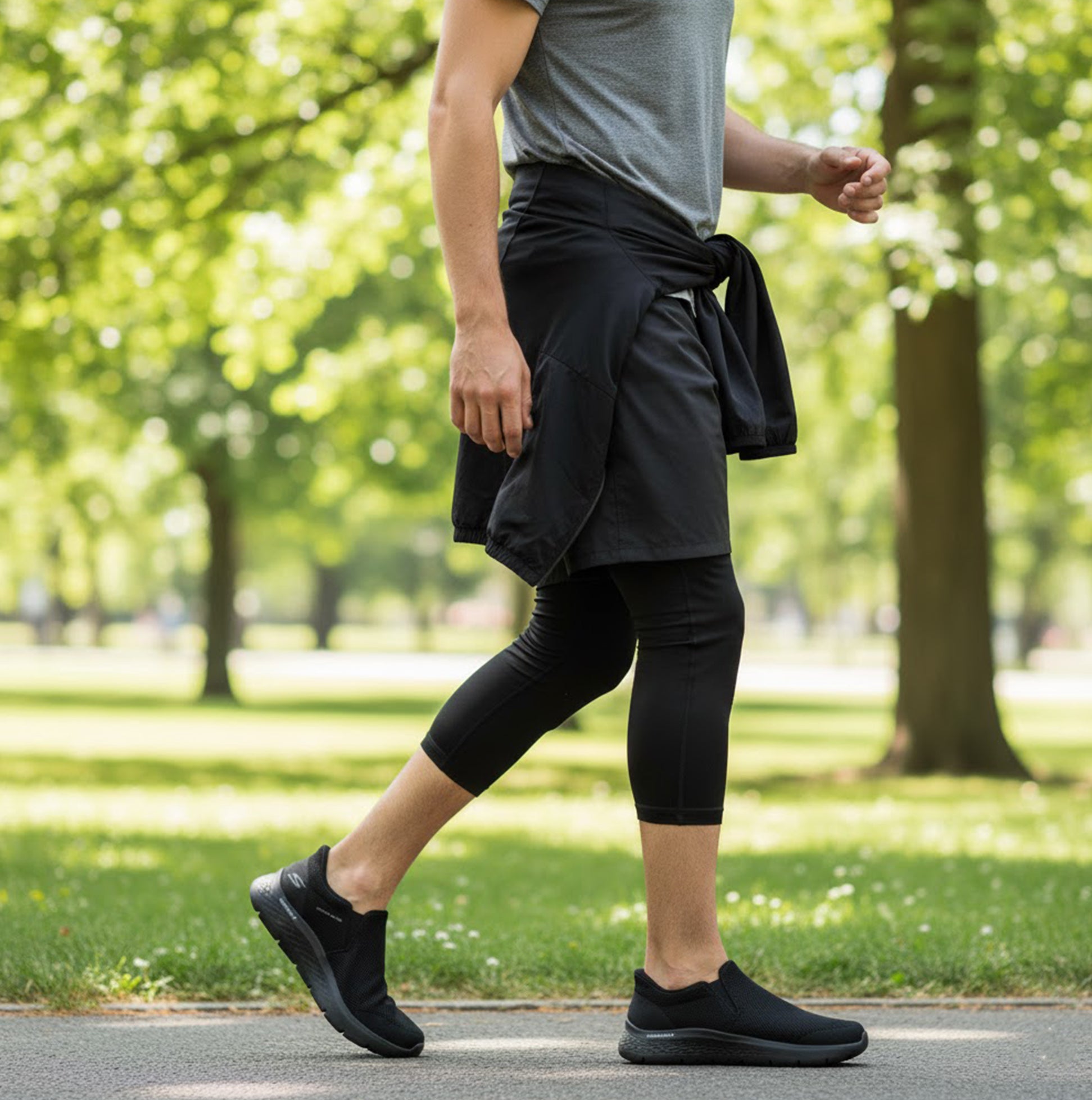 Skechers 216333/BBK GO WALK FLEX - OJAI Mens Trainers Black side view worn during outdoor walk in park.
