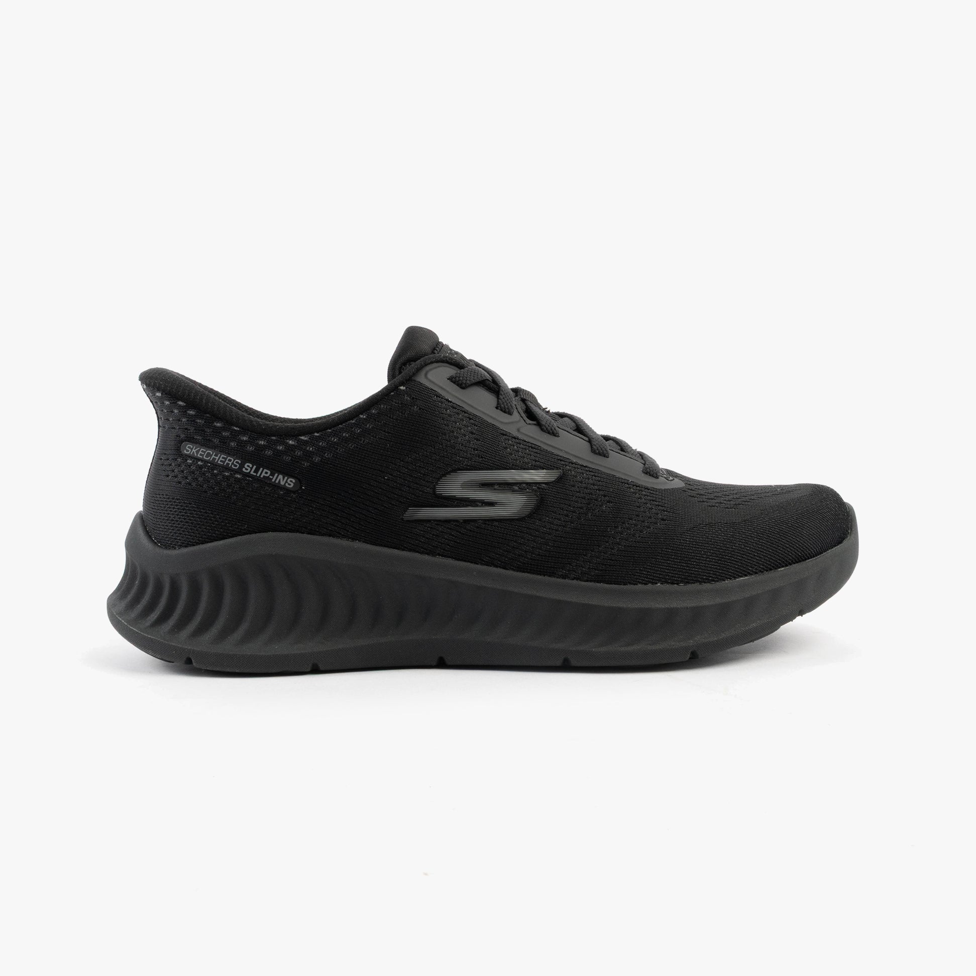 Skechers 216375/BBK GO WALK NOW - PAYTON Mens Trainers Black side view showcasing mesh upper and rubber sole.