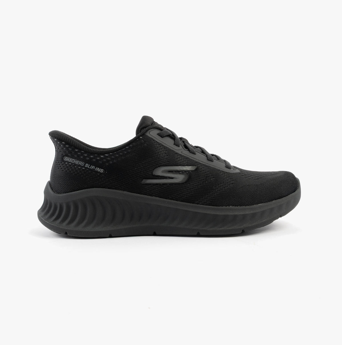 Skechers 216375/BBK GO WALK NOW - PAYTON Mens Trainers Black side view showcasing mesh upper and rubber sole.