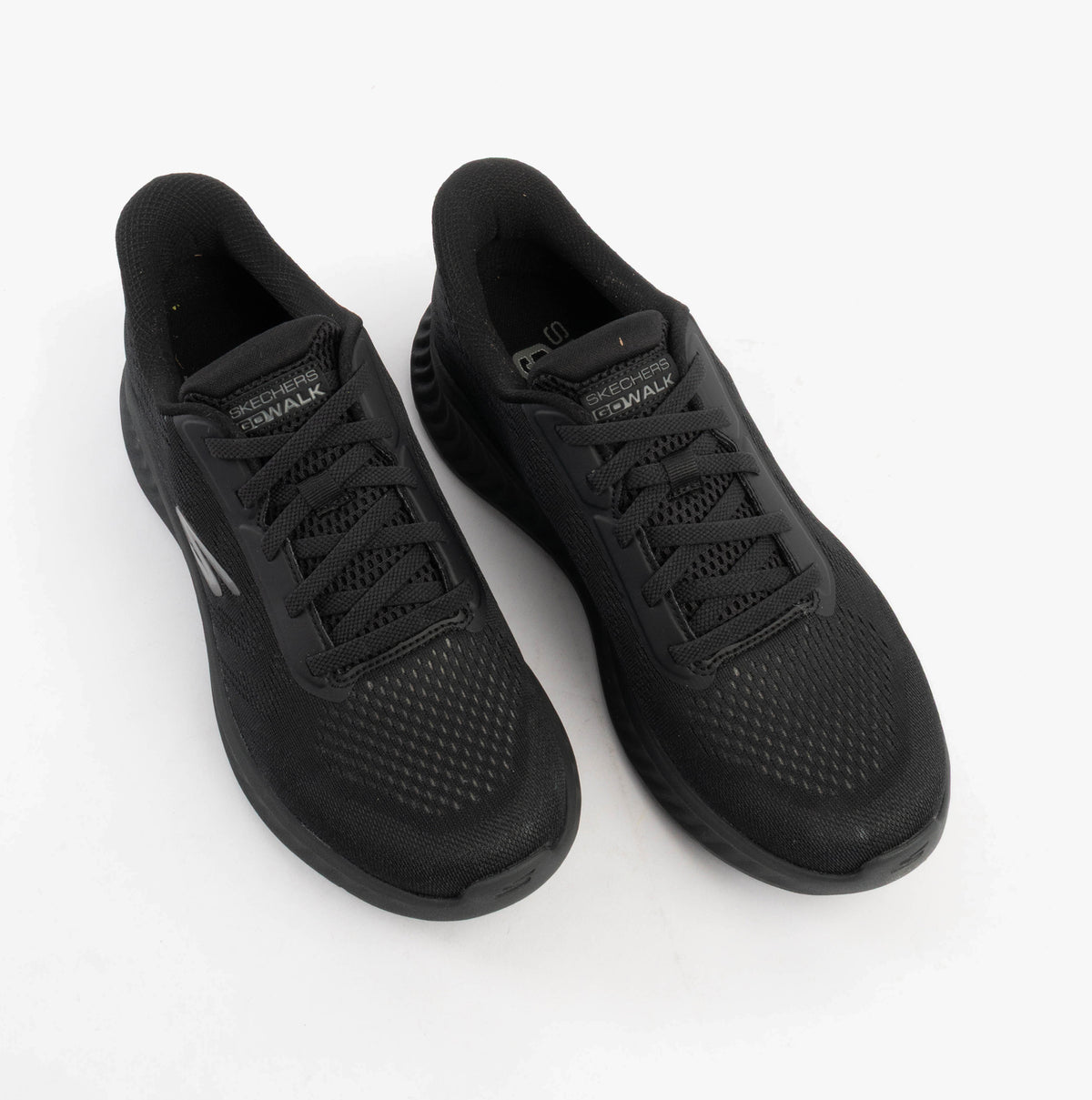 Skechers 216375/BBK GO WALK NOW - PAYTON Mens Trainers Black top view displaying lace-up closure and mesh upper.