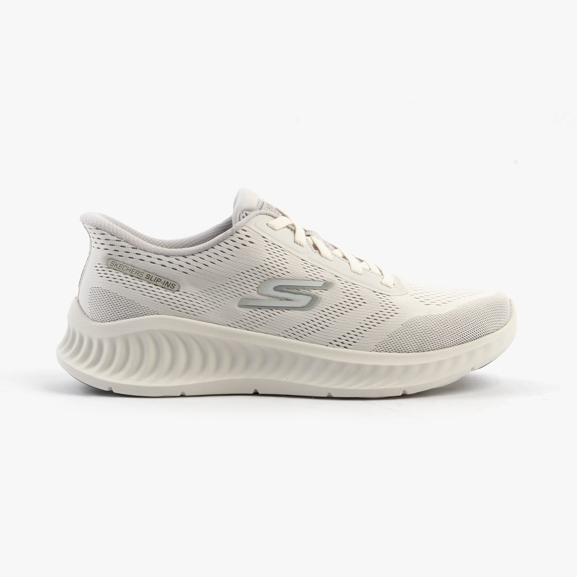 Skechers 216375/WGY GO WALK NOW - PAYTON Mens Trainers White/Grey side view showing mesh upper and rubber sole.