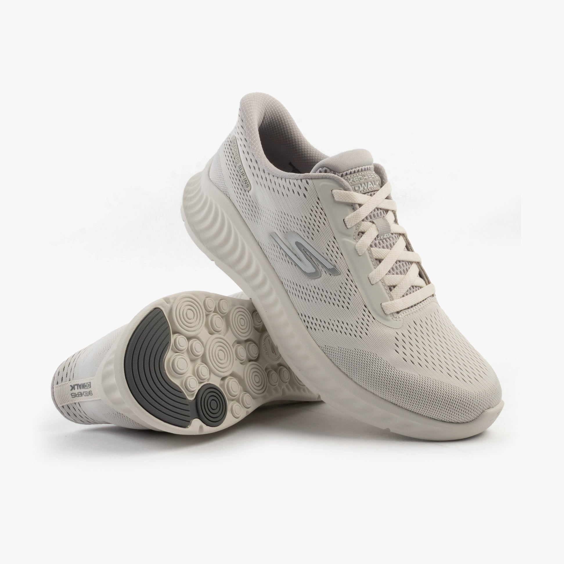 Skechers 216375/WGY GO WALK NOW - PAYTON Mens Trainers White/Grey side view with light upper and rubber sole.