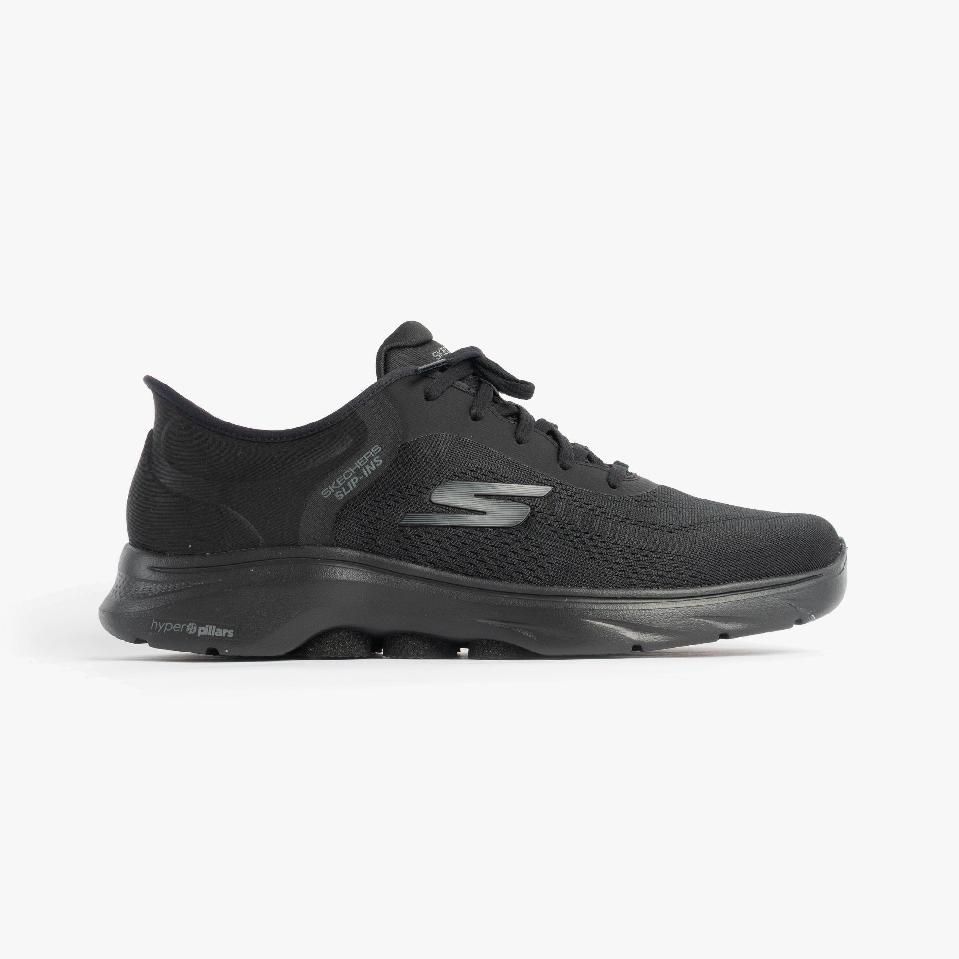 Skechers 216550/BBK GO WALK 7 - VALIN Mens Trainers Black side view with mesh upper and lace-up design.