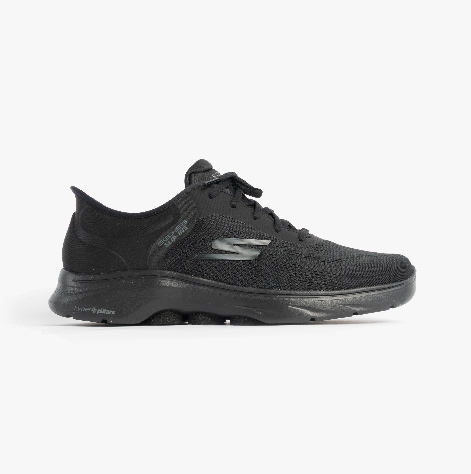 Skechers 216550/BBK GO WALK 7 - VALIN Mens Trainers Black side view with mesh upper and lace-up design.
