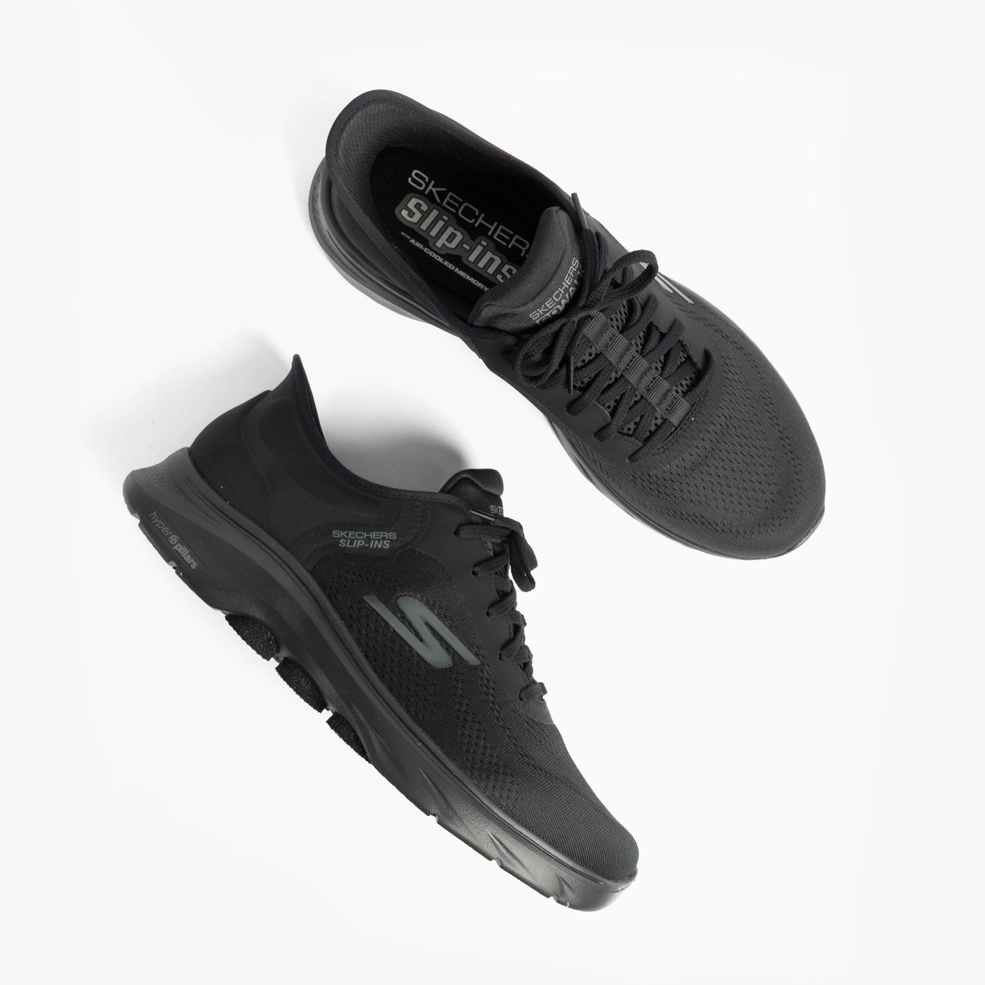 Skechers 216550/BBK GO WALK 7 - VALIN Mens Trainers Black top view showcasing lace-up design and mesh upper.