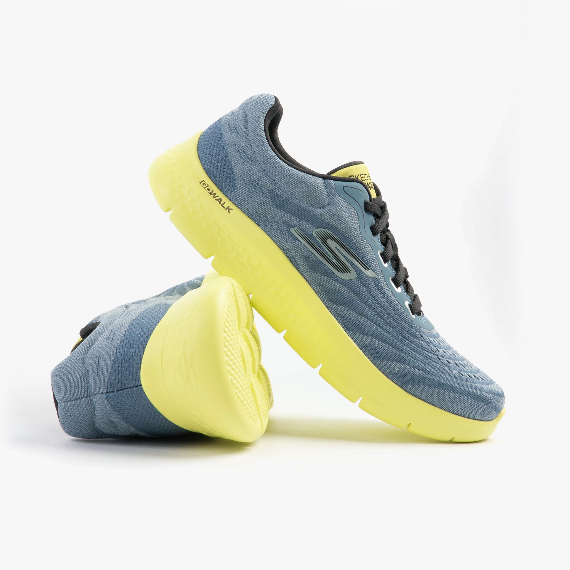Skechers 216687/SLT GO WALK FLEX Mens Trainers Slate side view with yellow sole and grey mesh upper.