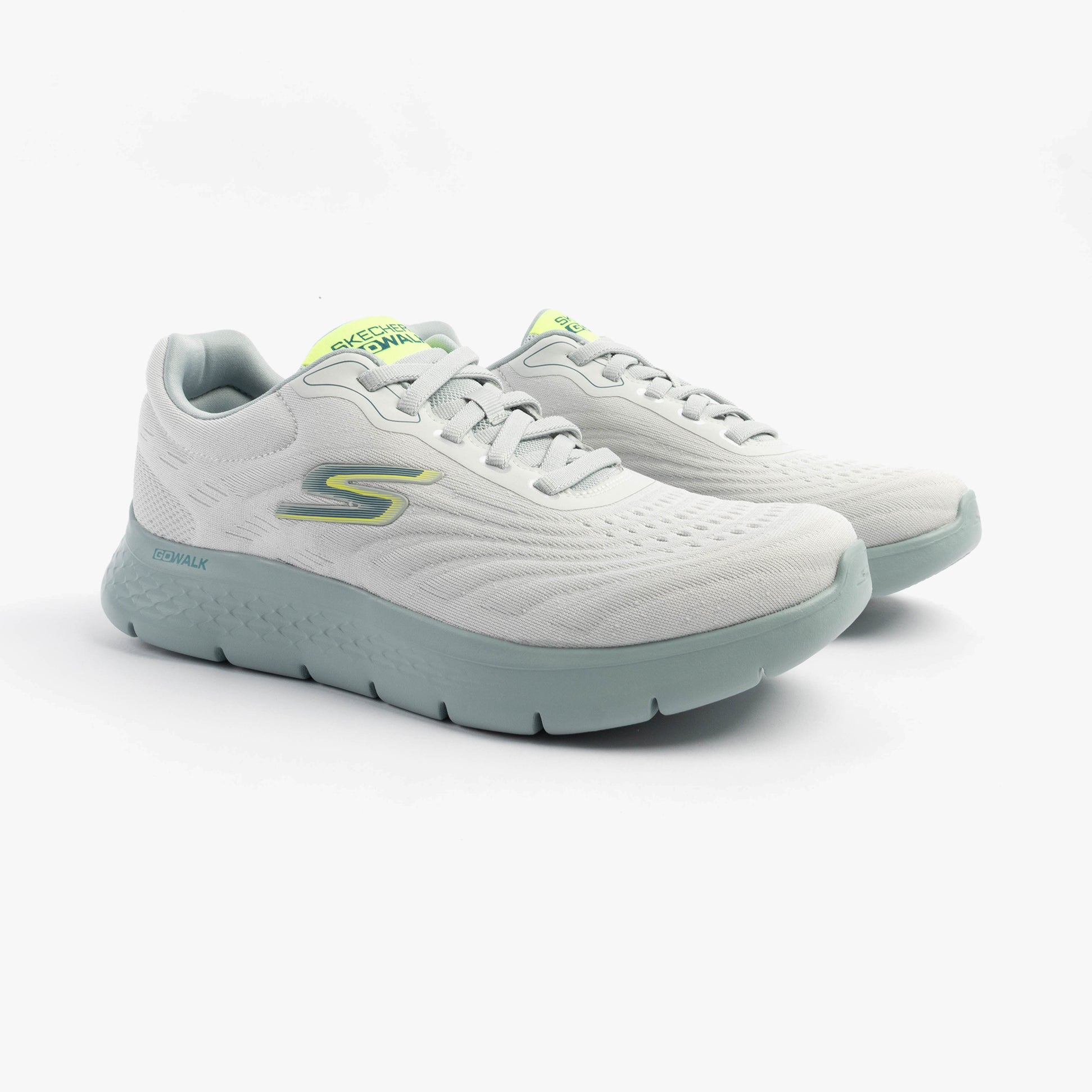 Skechers 216687/WGY GO WALK FLEX Mens Trainers White/Grey side view with mesh upper and lace-up closure.