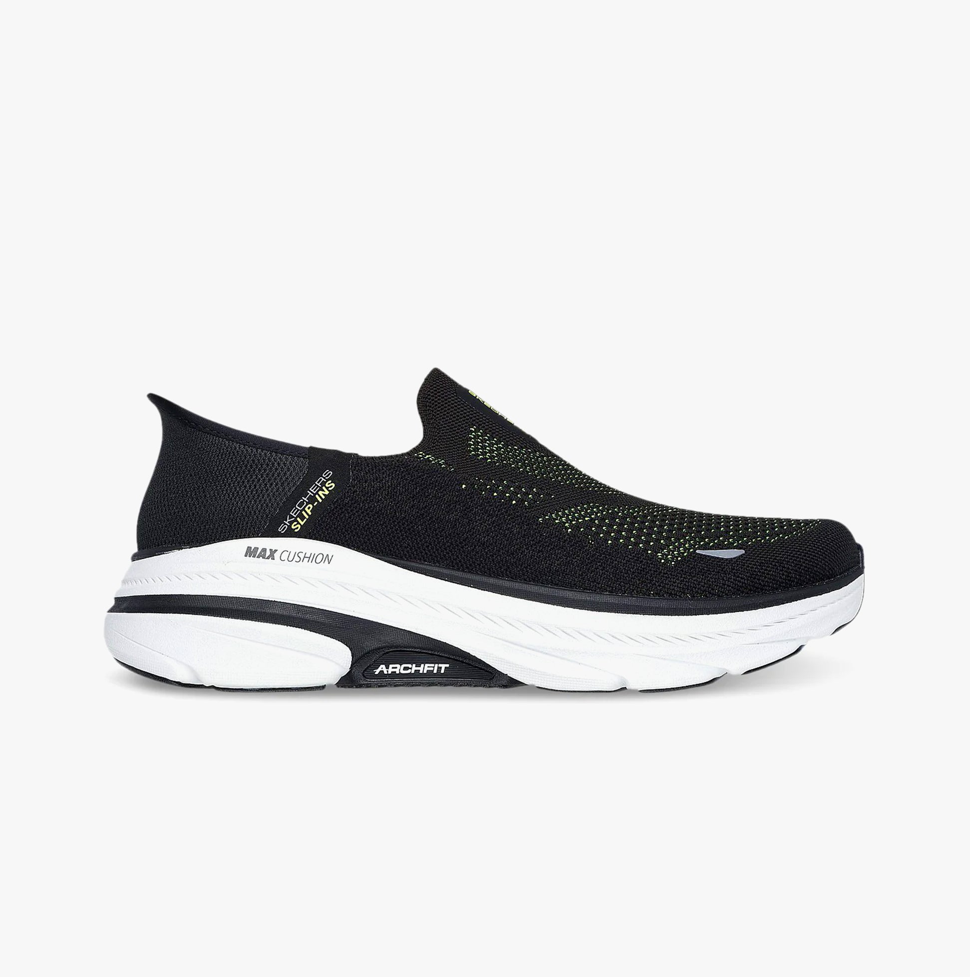 Skechers 220565/BLK MAX CUSHIONING ARCH FIT 2.0 - Mens Trainers Black side view featuring slip-on design and breathable upper.