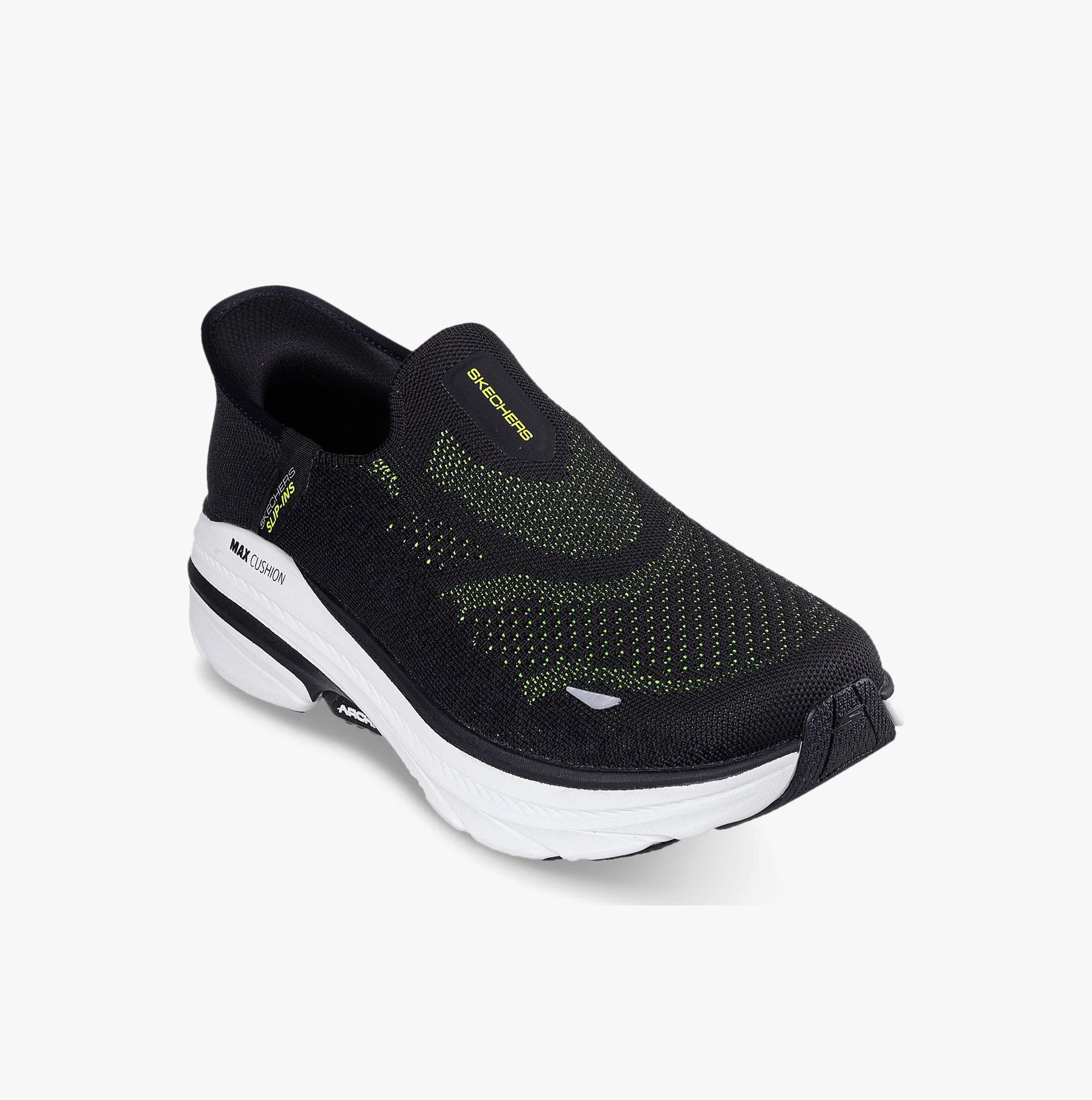 Skechers 220565/BLK MAX CUSHIONING ARCH FIT 2.0 - Mens Trainers Black side view featuring breathable textile upper.