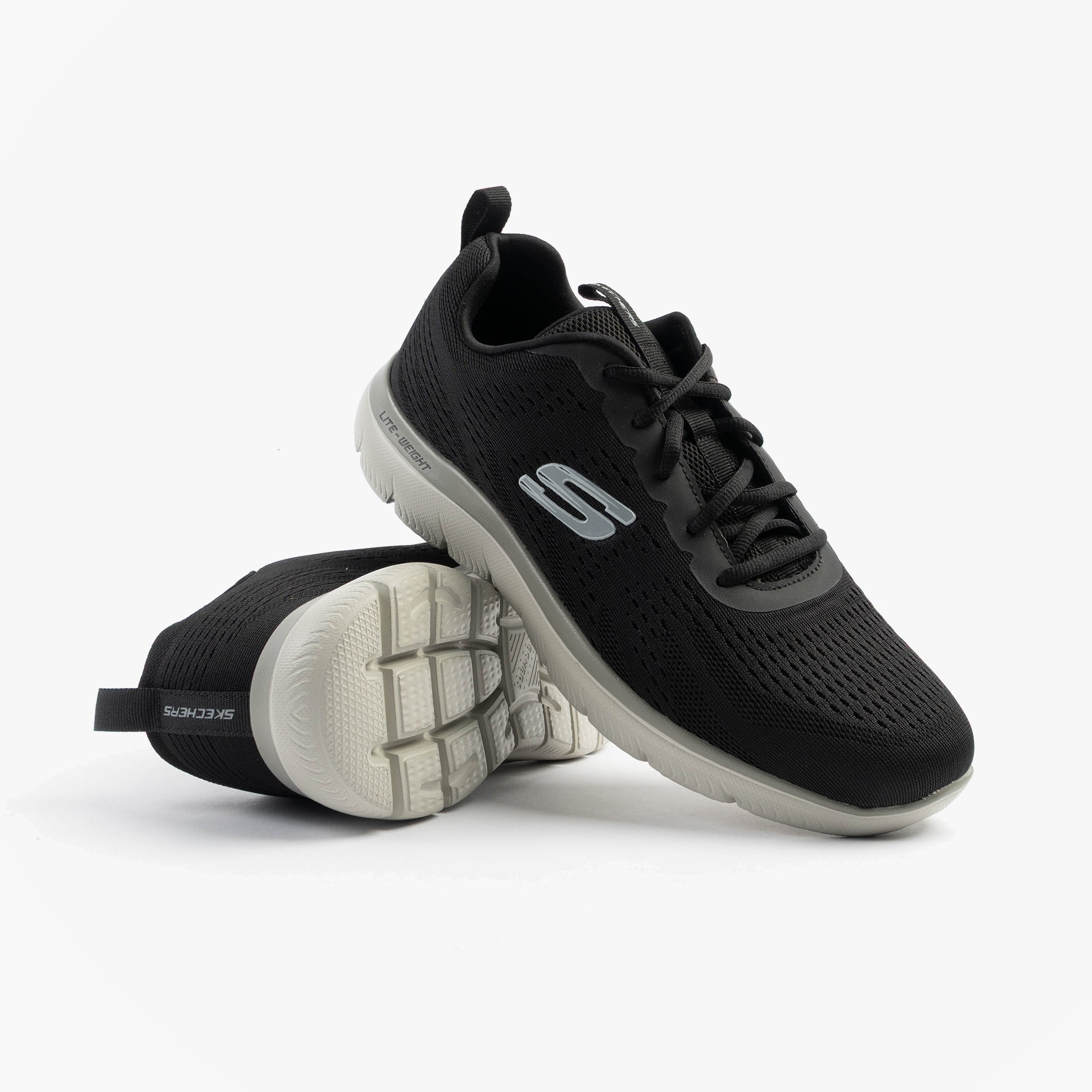 Skechers 232395/BKTP SUMMITS - TORRE Mens Trainers Black/Taupe side view showcasing mesh upper and rubber sole.