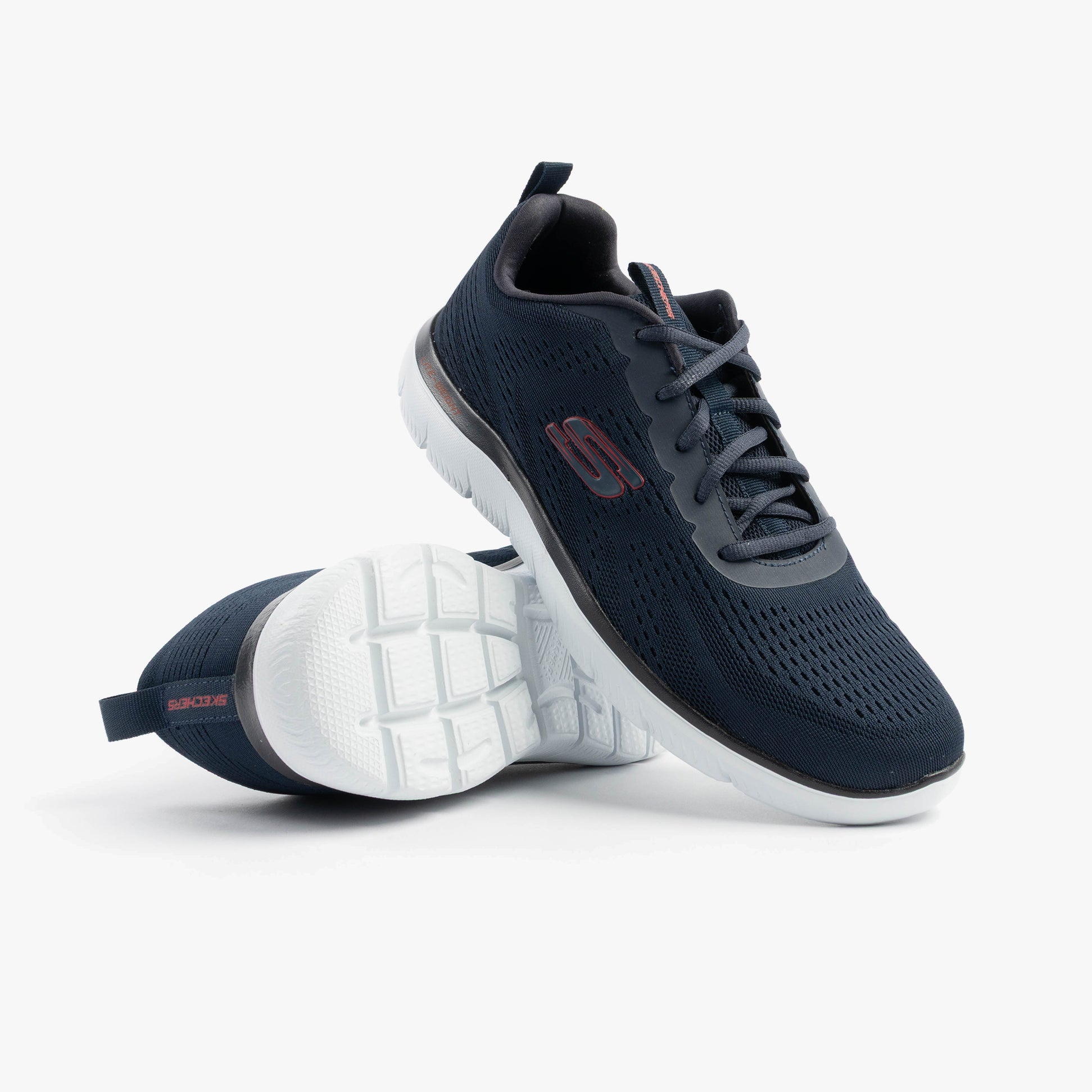 Skechers 232395/NVRD SUMMITS - TORRE Mens Trainers Navy/Red side view showcasing mesh upper and rubber sole.