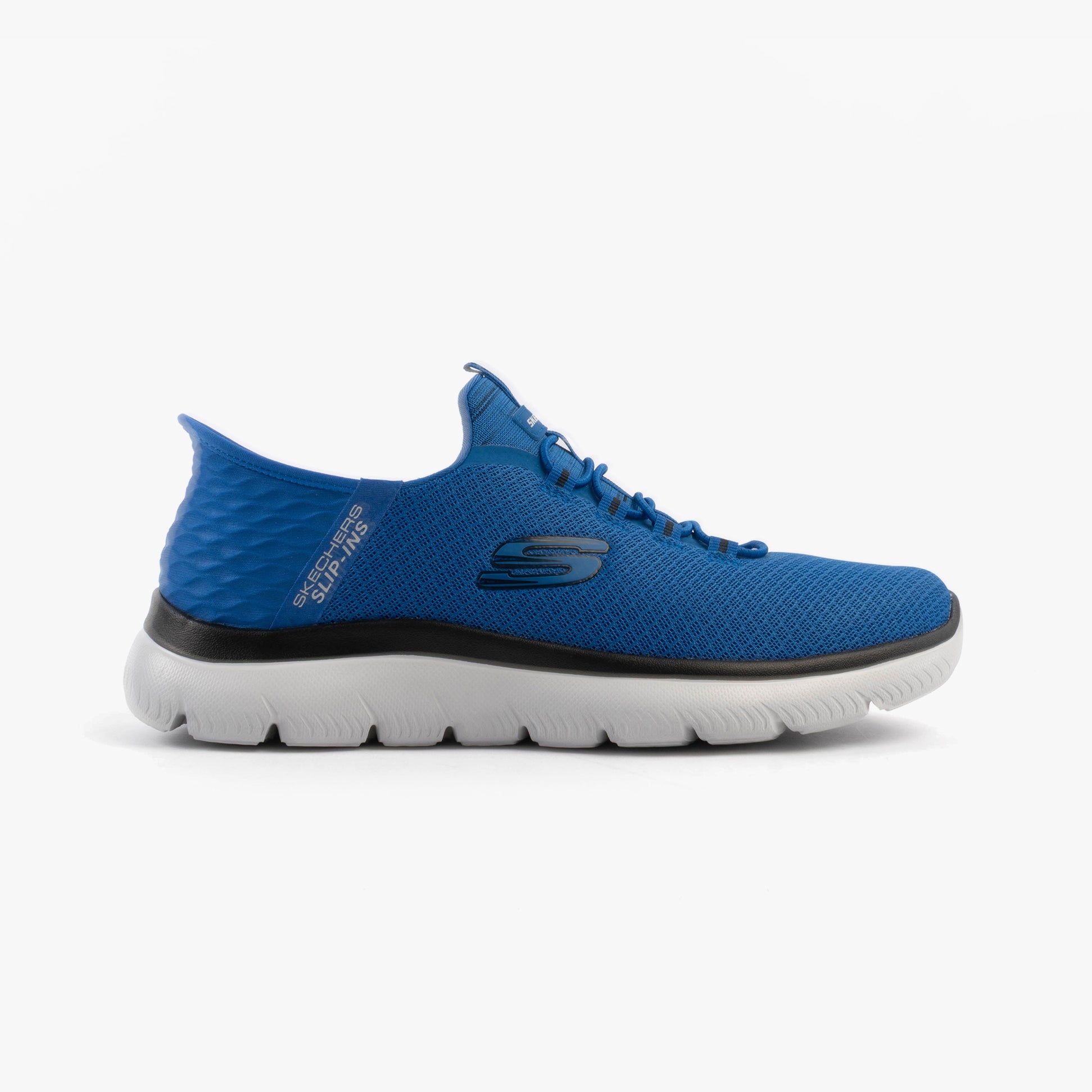 Skechers 232457/BLBK SUMMITS - HIGH RANGE Mens Trainers Blue/Black side view with breathable mesh upper and lace-up closure.