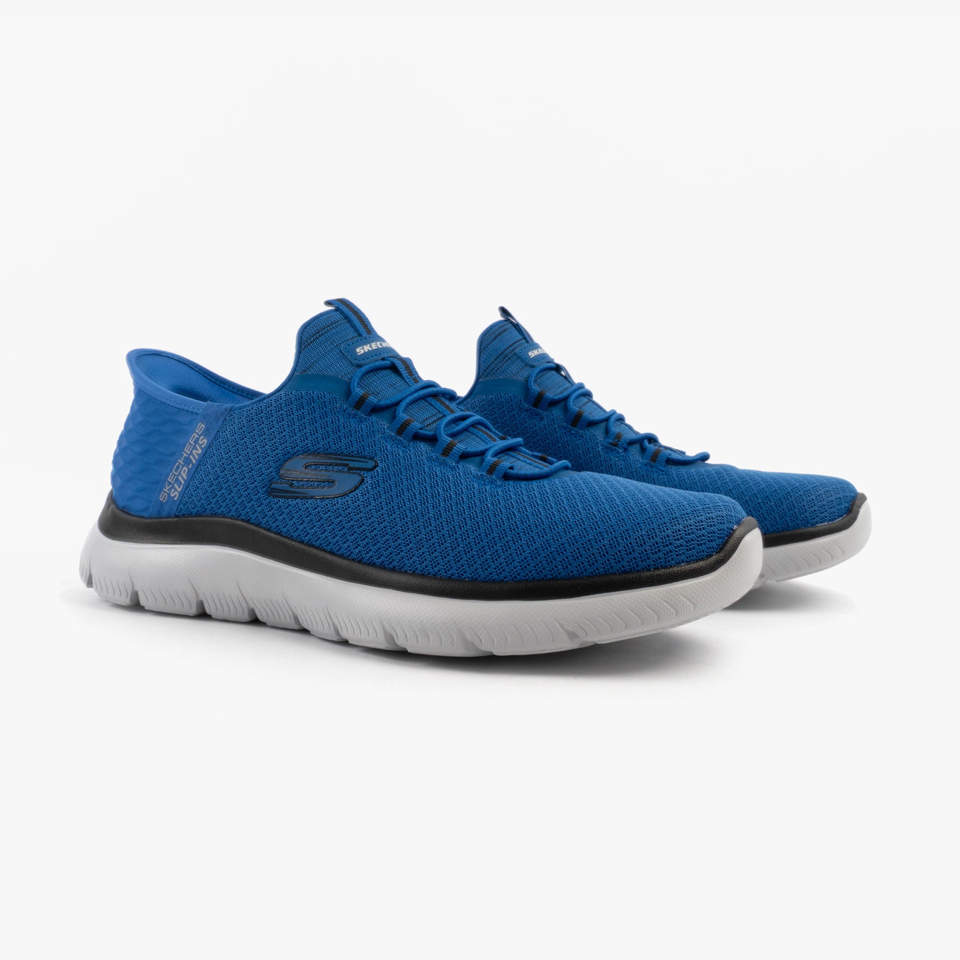 Skechers 232457/BLBK SUMMITS - HIGH RANGE Mens Trainers Blue/Black side view of trainers with blue mesh upper and rubber sole.