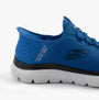 Skechers 232457/BLBK SUMMITS - HIGH RANGE Mens Trainers Blue/Black side view showcasing breathable mesh upper and sleek design.