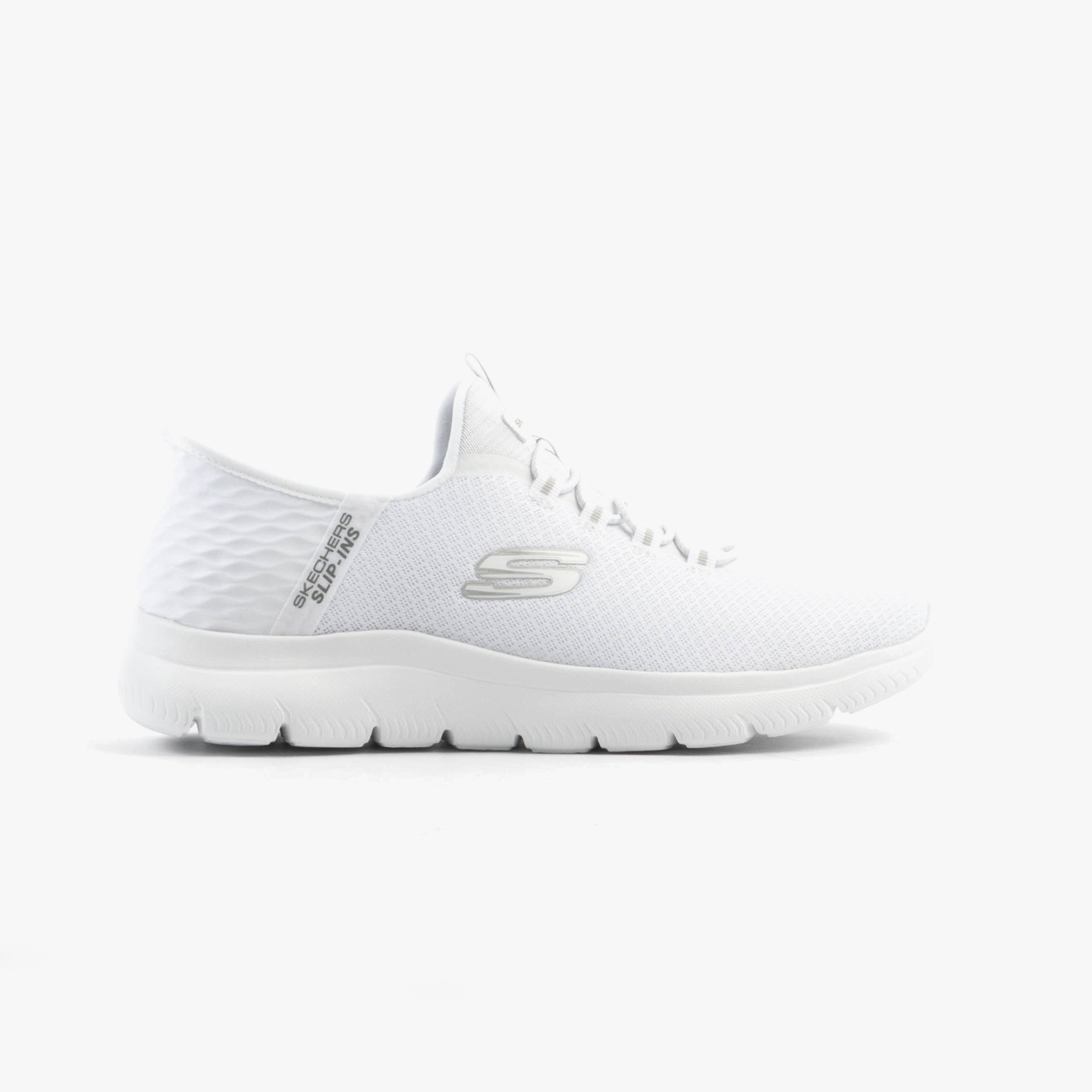 Skechers 232457/WHT SUMMITS - HIGH RANGE Mens Trainers White side view with mesh upper and rubber sole.