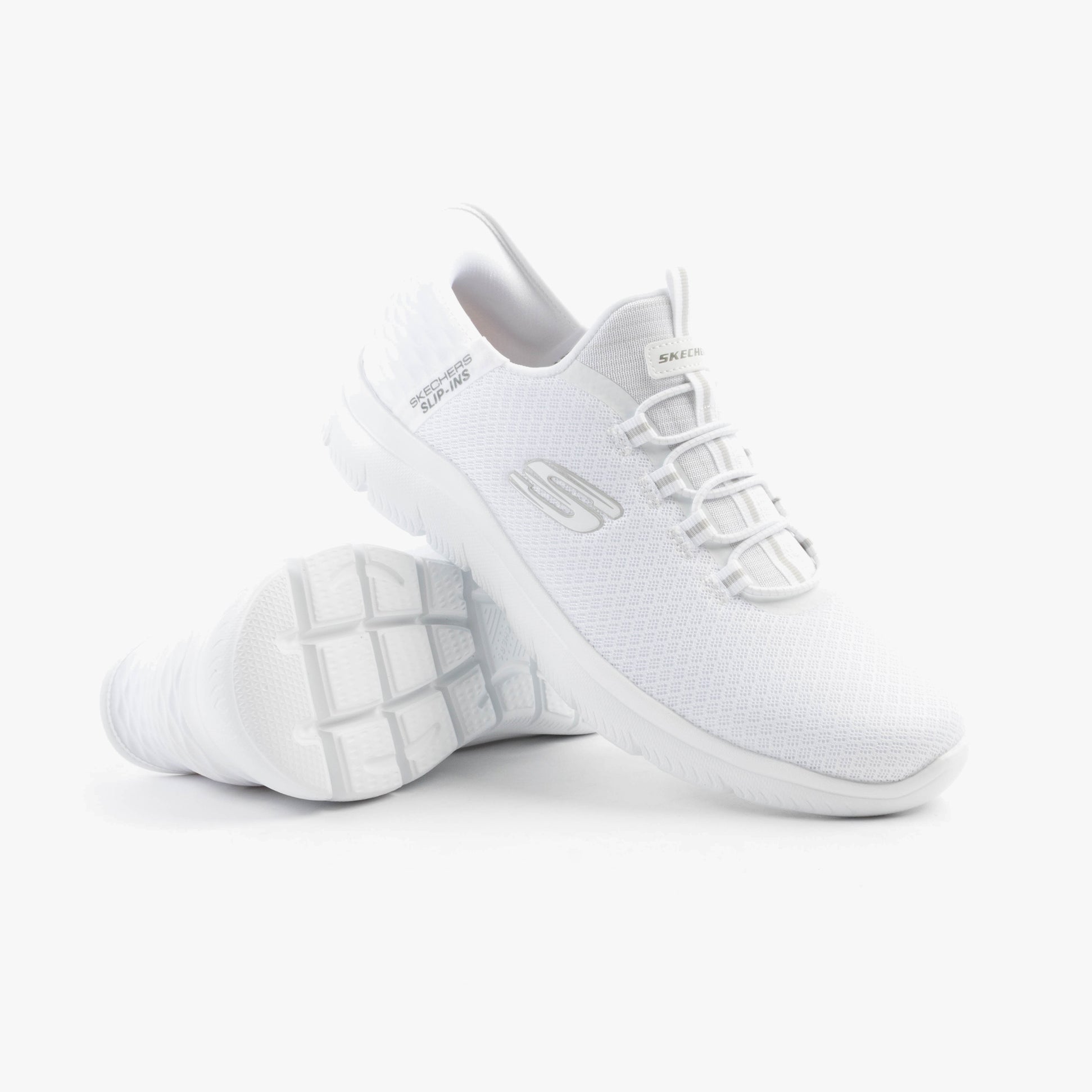 Skechers 232457/WHT SUMMITS - HIGH RANGE Mens Trainers White side view showcasing mesh upper and rubber sole.
