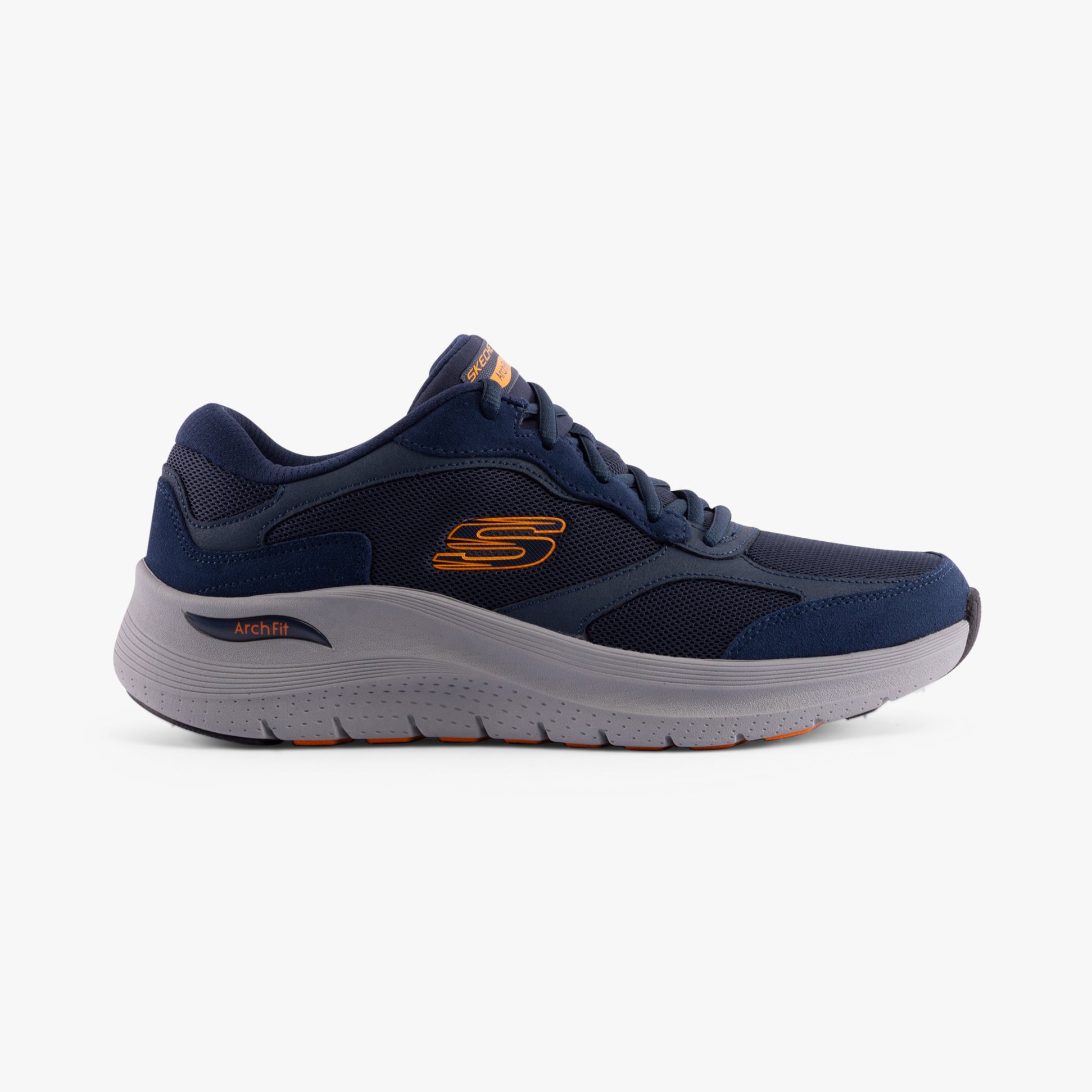 Skechers 232702/NVOR ARCH FIT 2.0 - THE KEEP Mens Trainers Navy/Orange side view with lace-up closure.