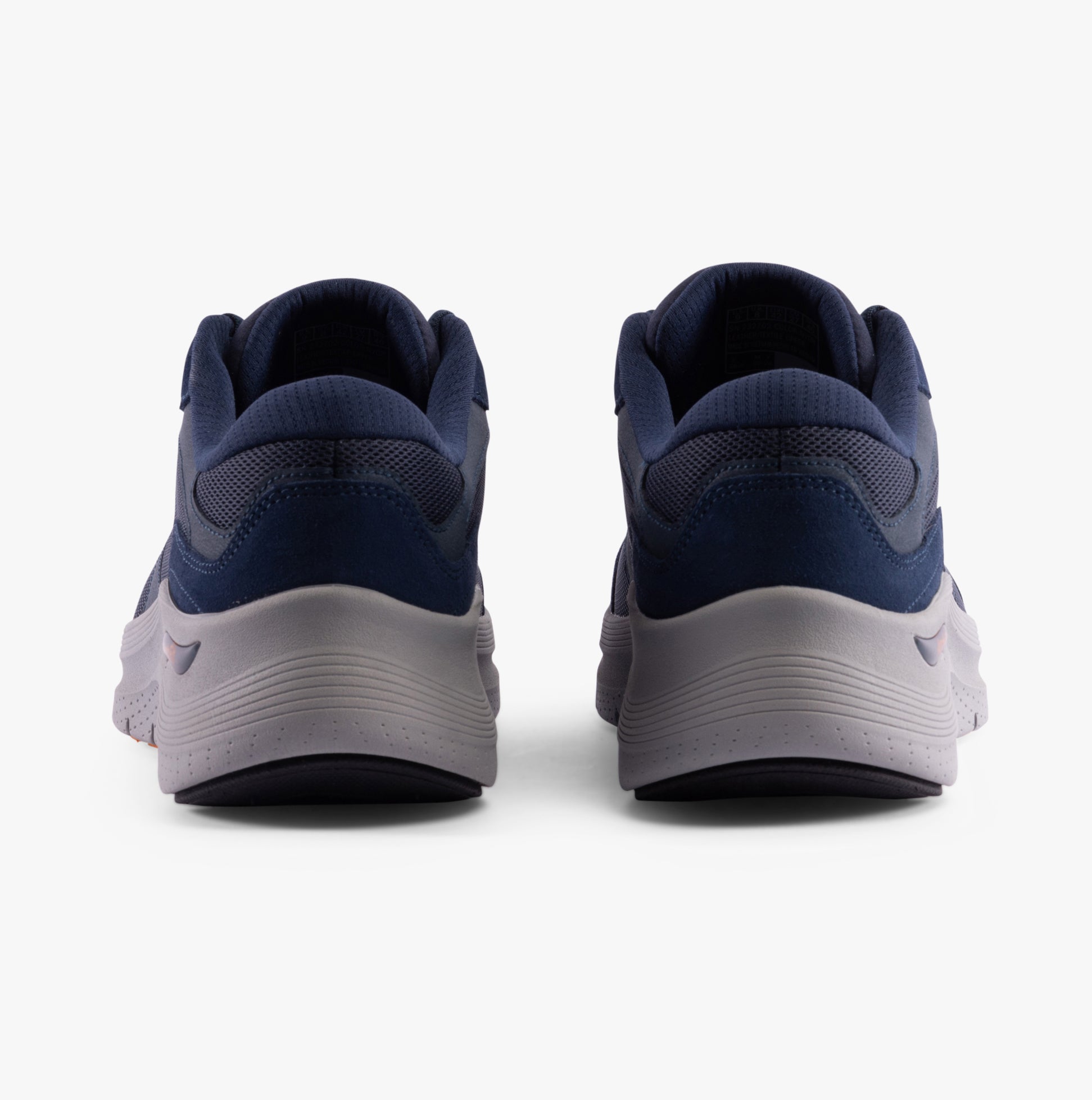 Skechers 232702/NVOR ARCH FIT 2.0 - THE KEEP Mens Trainers Navy/Orange back view showing the low-top design in navy and orange.