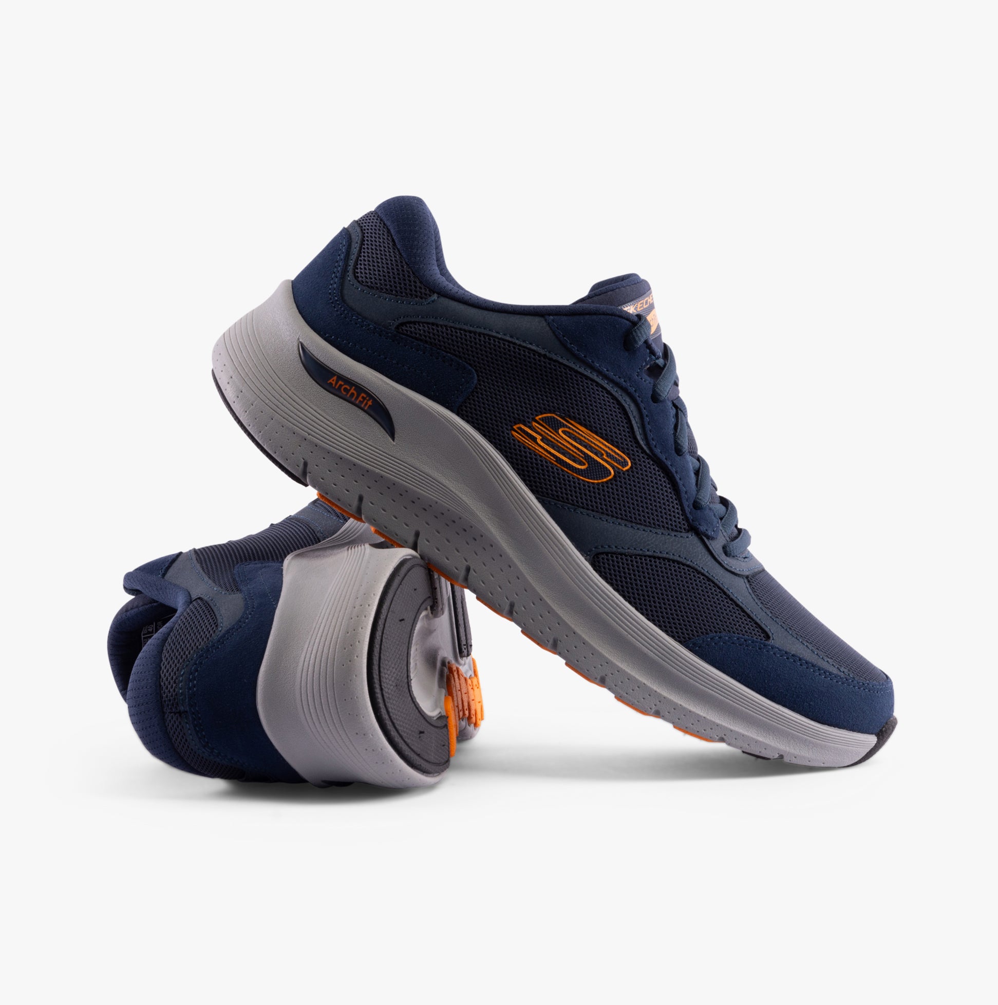 Skechers 232702/NVOR ARCH FIT 2.0 - THE KEEP Mens Trainers Navy/Orange side view showcasing comfort and design details.
