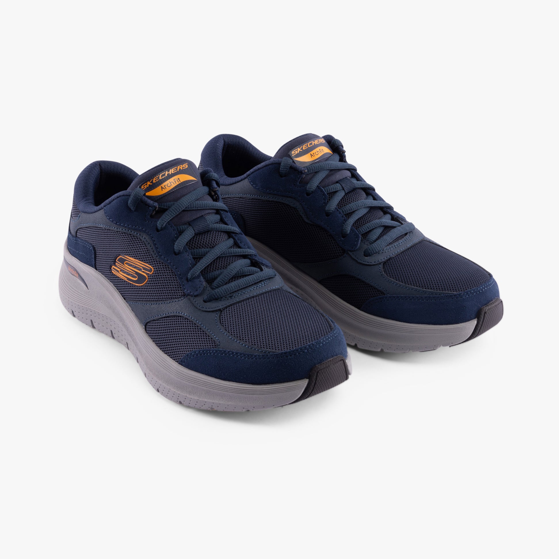 Skechers 232702/NVOR ARCH FIT 2.0 - THE KEEP Mens Trainers Navy/Orange front view with lace-up closure and rubber sole.