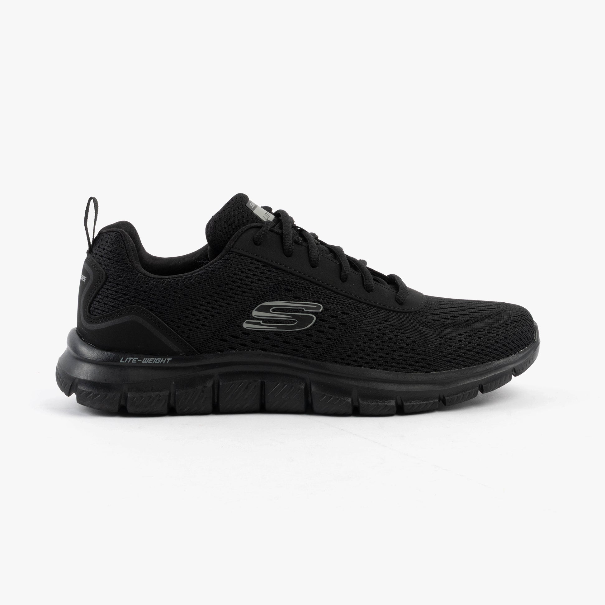 Skechers 232758/BBK TRACK - LESHUR Mens Trainers Black side view showing synthetic/mesh upper and rubber sole.
