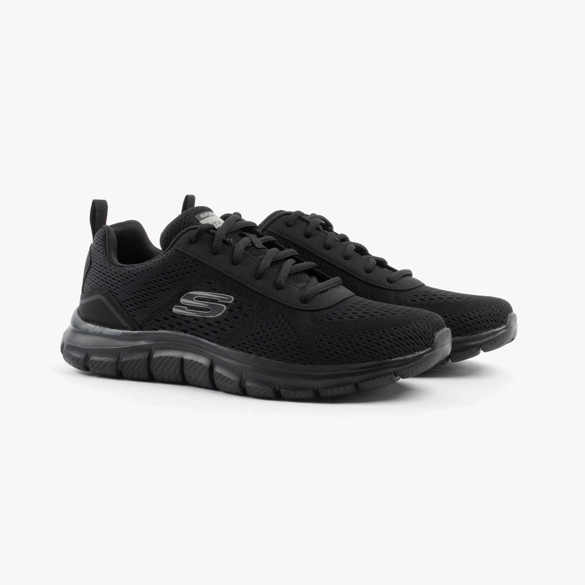 Skechers 232758/BBK TRACK - LESHUR Mens Trainers Black side view showcasing lace-up design and sleek synthetic upper.