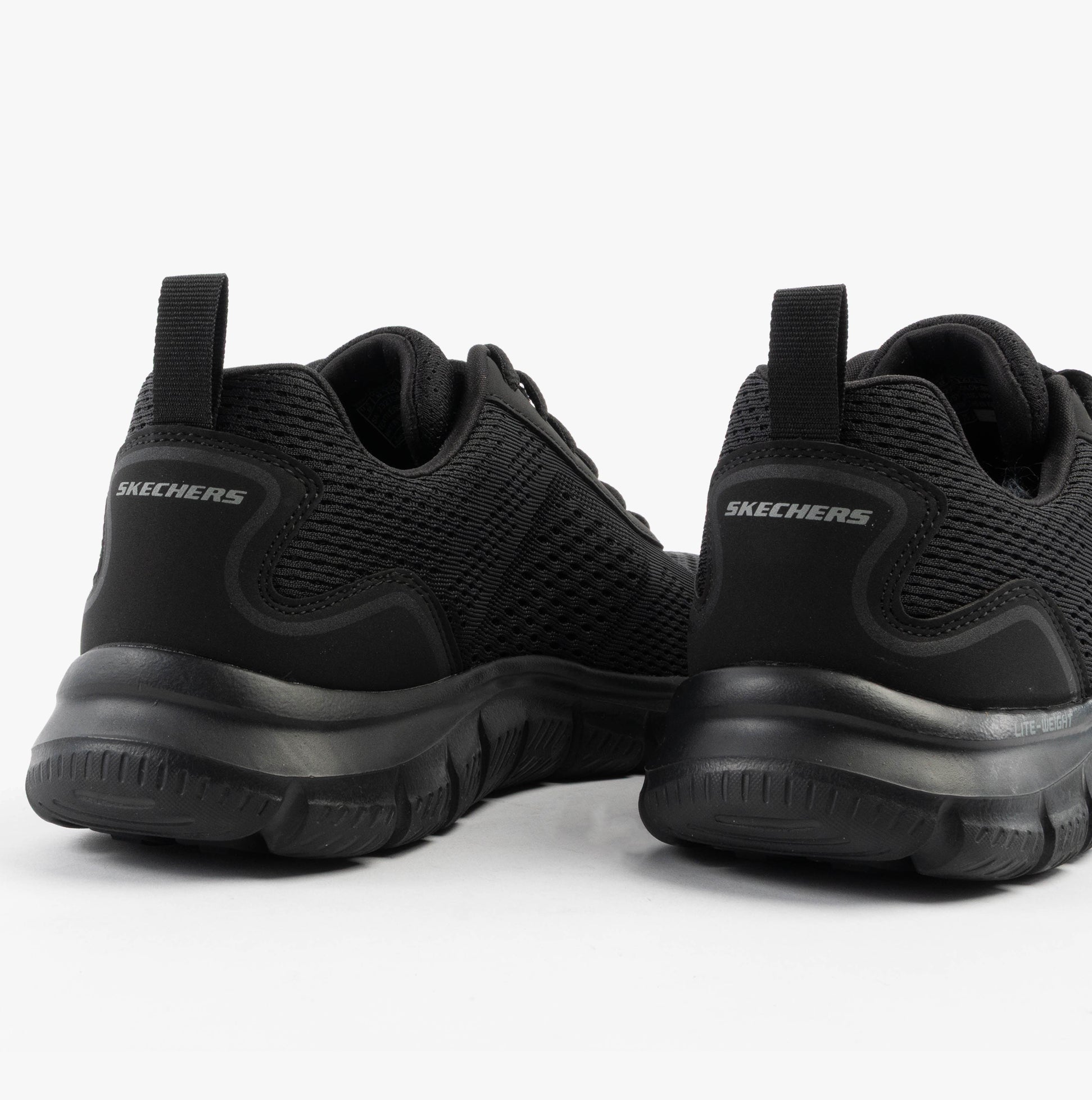 Skechers 232758/BBK TRACK - LESHUR Mens Trainers Black rear view featuring lightweight synthetic mesh upper.