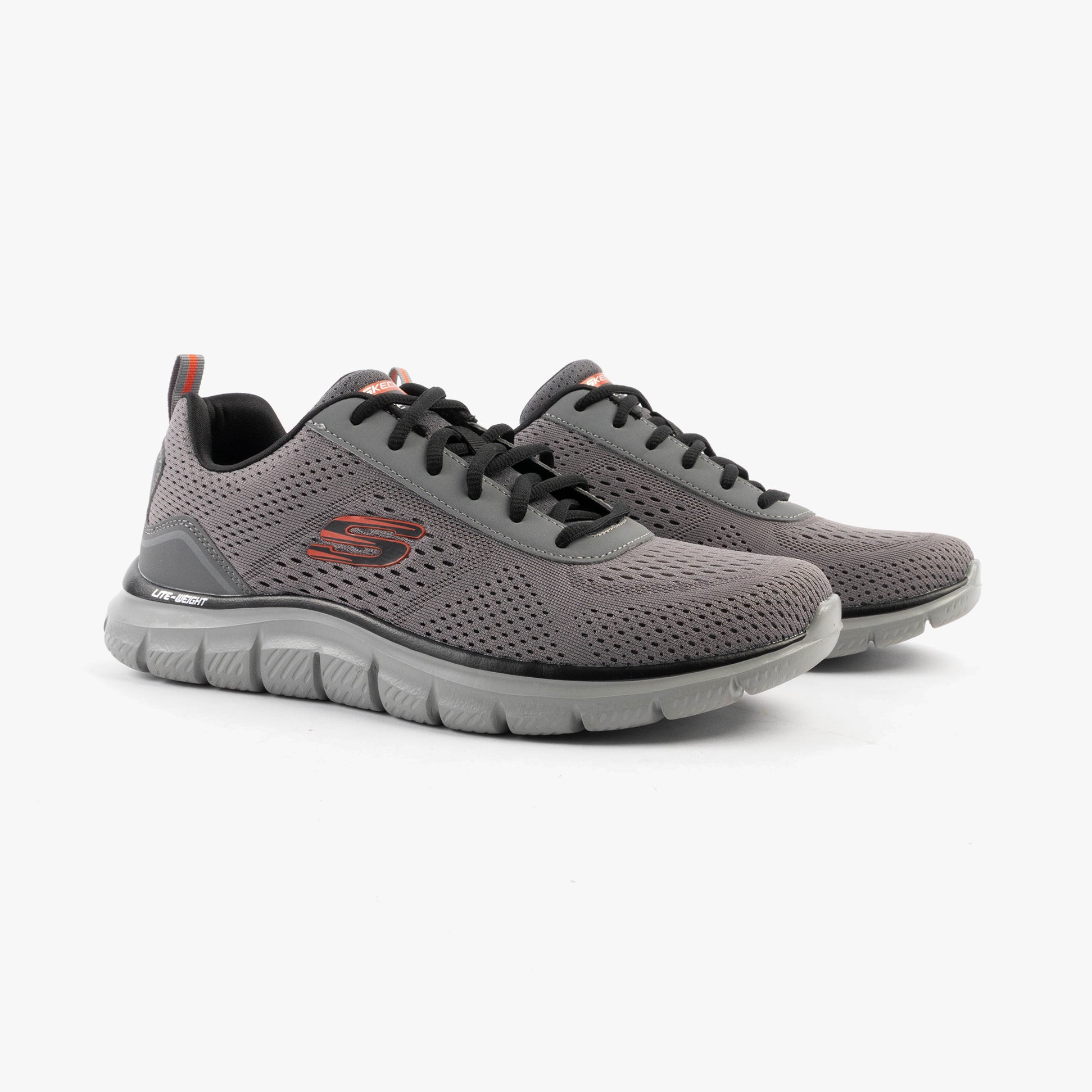 Skechers 232758/CCOR TRACK - LESHUR Mens Trainers Charcoal/Orange side view showcasing the breathable mesh upper and comfortable sole.
