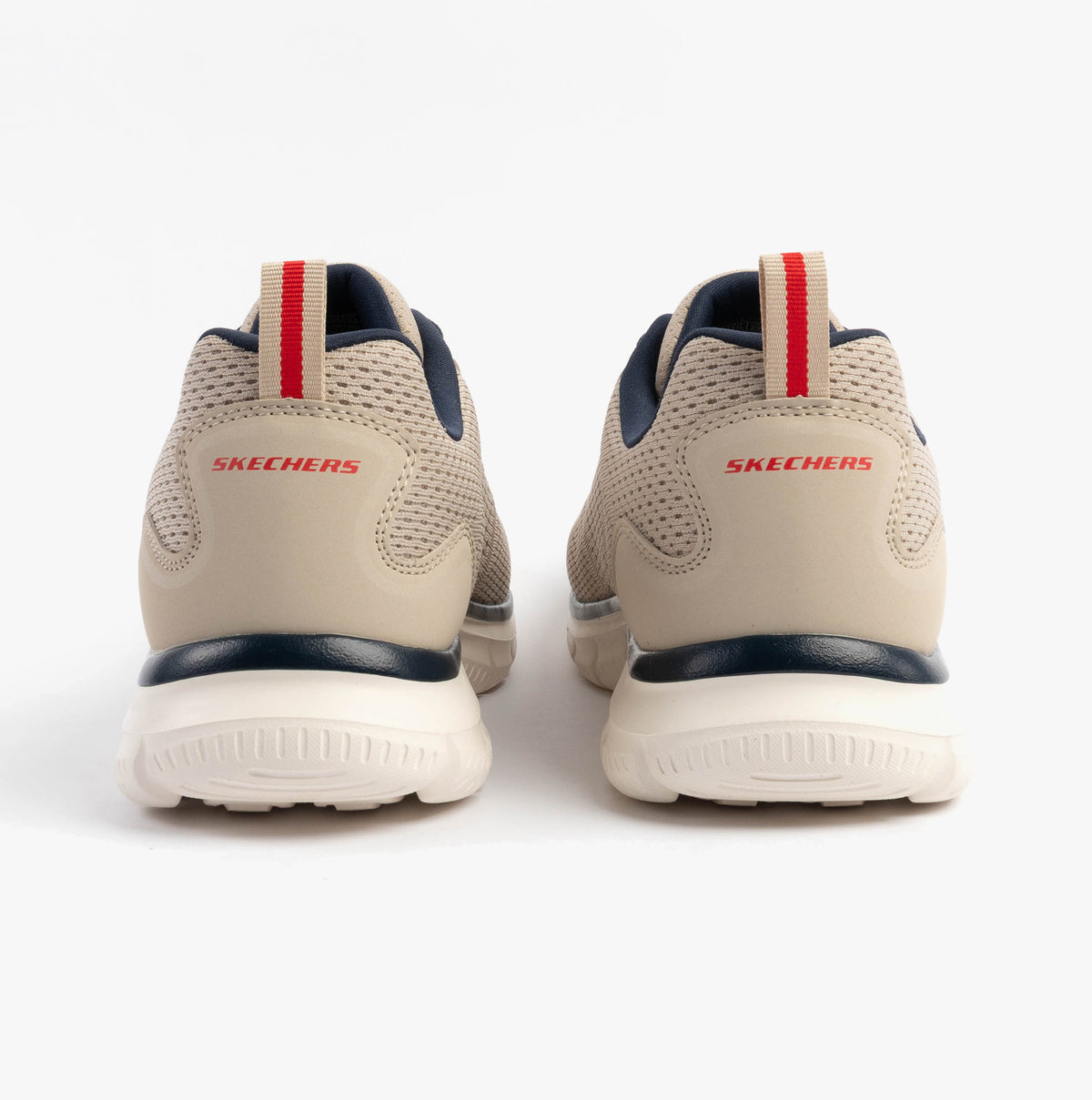 Skechers 232758/TPNV TRACK - LESHUR Mens Trainers Taupe/Navy back view showing low top design and stitching details.