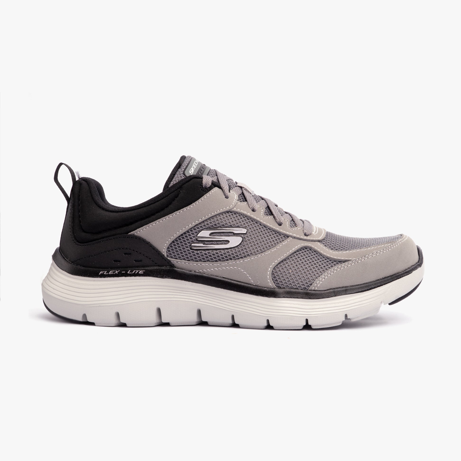 Skechers 232821/CCBK FLEX ADVANTAGE 5.0 Mens Trainers Charcoal/Black side view with lace-up closure and memory foam comfort.