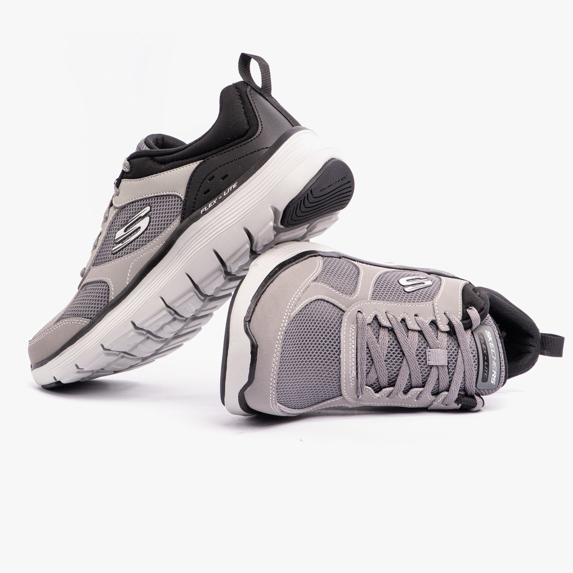Skechers 232821/CCBK FLEX ADVANTAGE 5.0 Mens Trainers Charcoal/Black side and top view showing lace-up design and round toe.