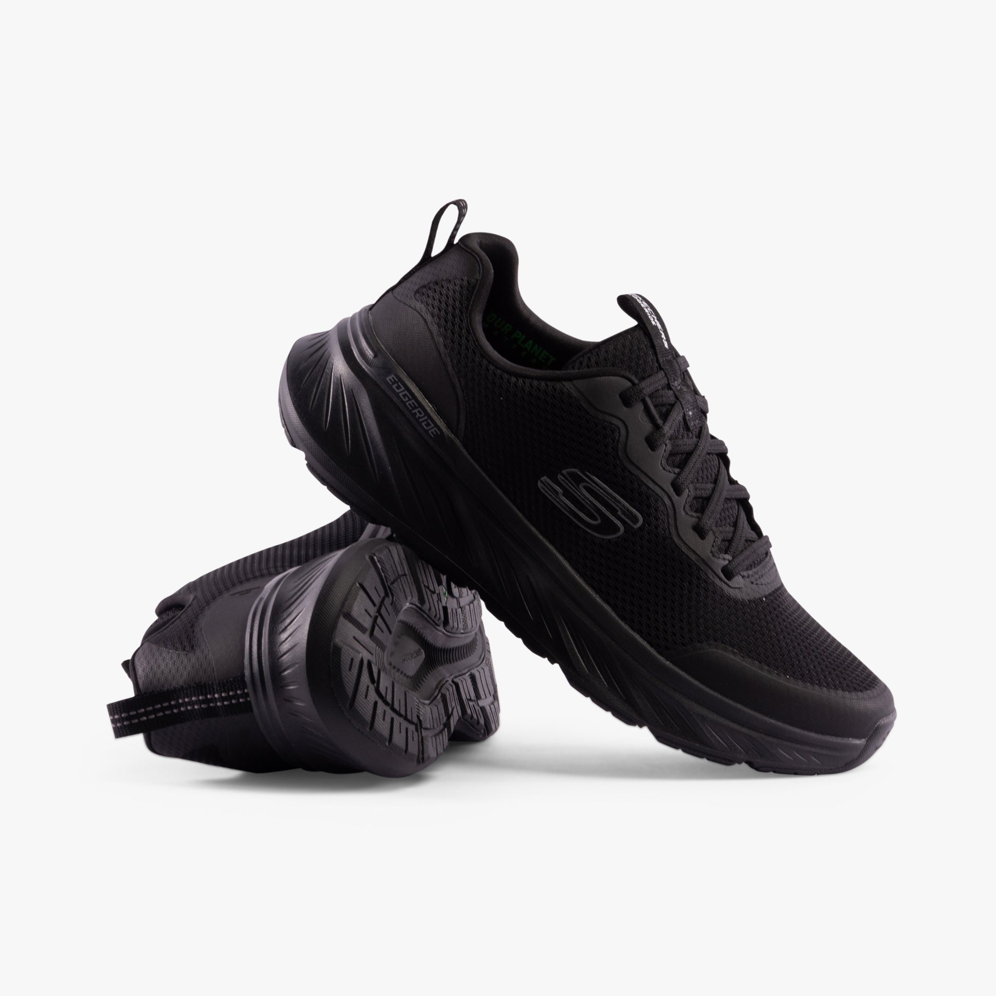 Skechers 232835/BBK EDGERIDE - REKZE Mens Trainers Black side view and top view showing synthetic upper and rubber sole.