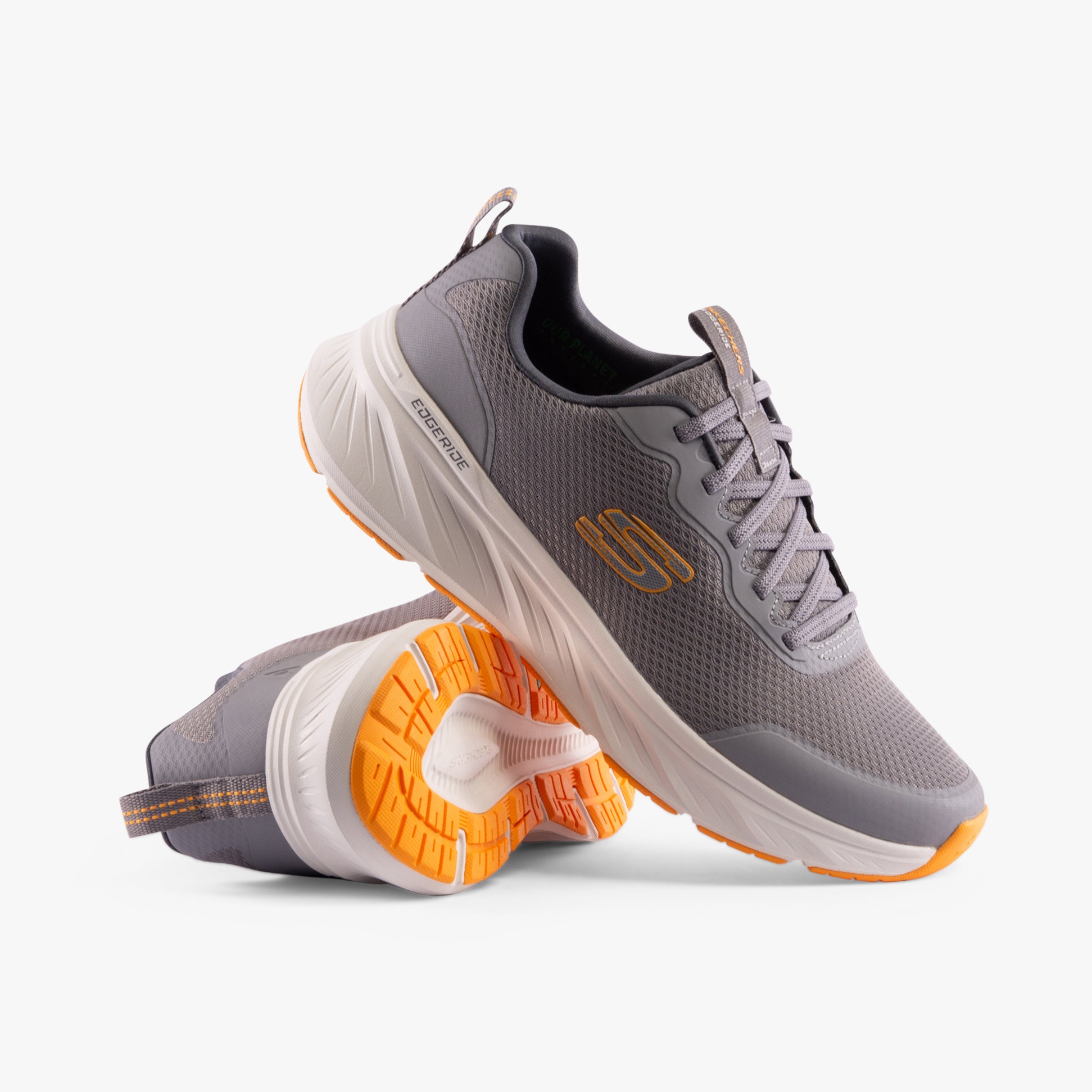 Skechers 232835/GYOR EDGERIDE - REKZE Mens Trainers Gray/Orange side view showcasing design and details.