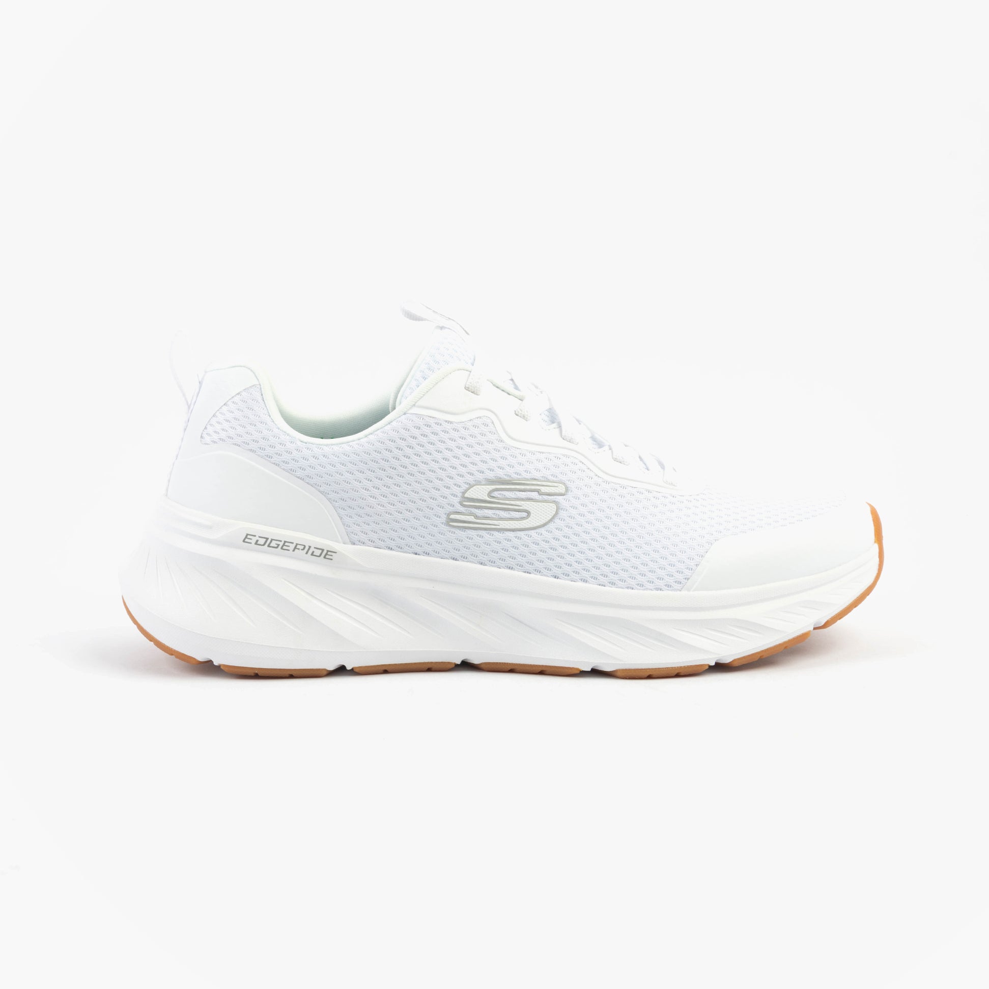 Skechers 232835/WHT EDGERIDE - REKZE Mens Trainers White side view showing synthetic mesh upper and rubber sole.
