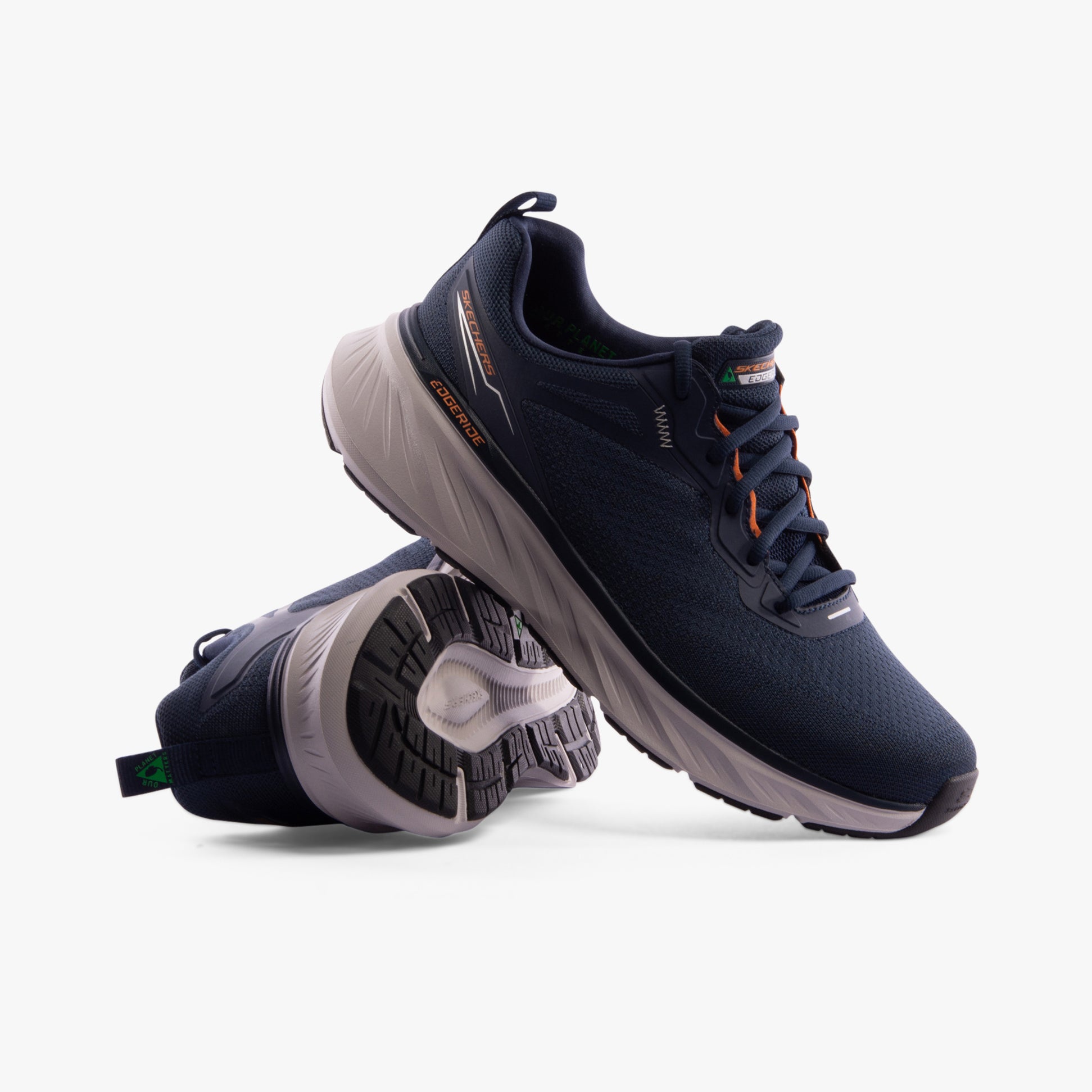 Skechers 232836/NVOR EDGERIDE - EXXO Mens Trainers Navy/Orange, side view and top view, showcasing comfort and sporty style.